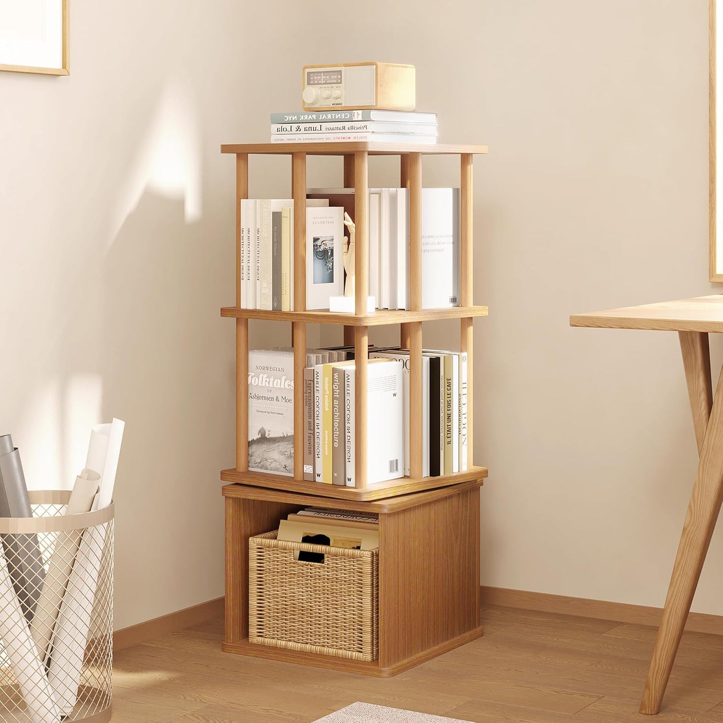 IOTXY 3-Tier Rotating Bookshelf Tower - Beech Wood Frame Spinning Bookcase with Storage Base, Compact Freestanding Revolving Shelf Organizer, Oak