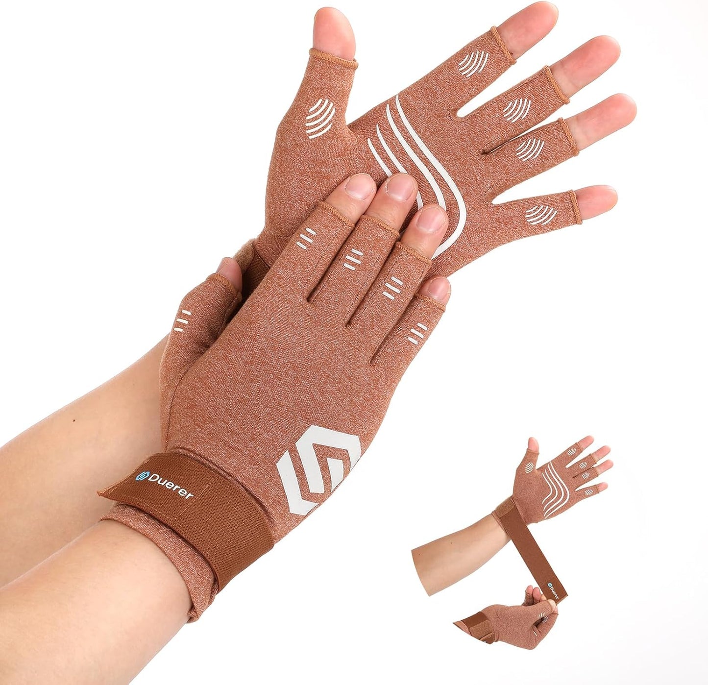 Duerer Arthritis Compression Gloves with Straps, Women Men for RSI, Carpal Tunnel, Rheumatoid, Tendonitis, Hand Pain, Hand Support. Fingerless Gloves for Computer Typing and Daily work (Brown, XL)