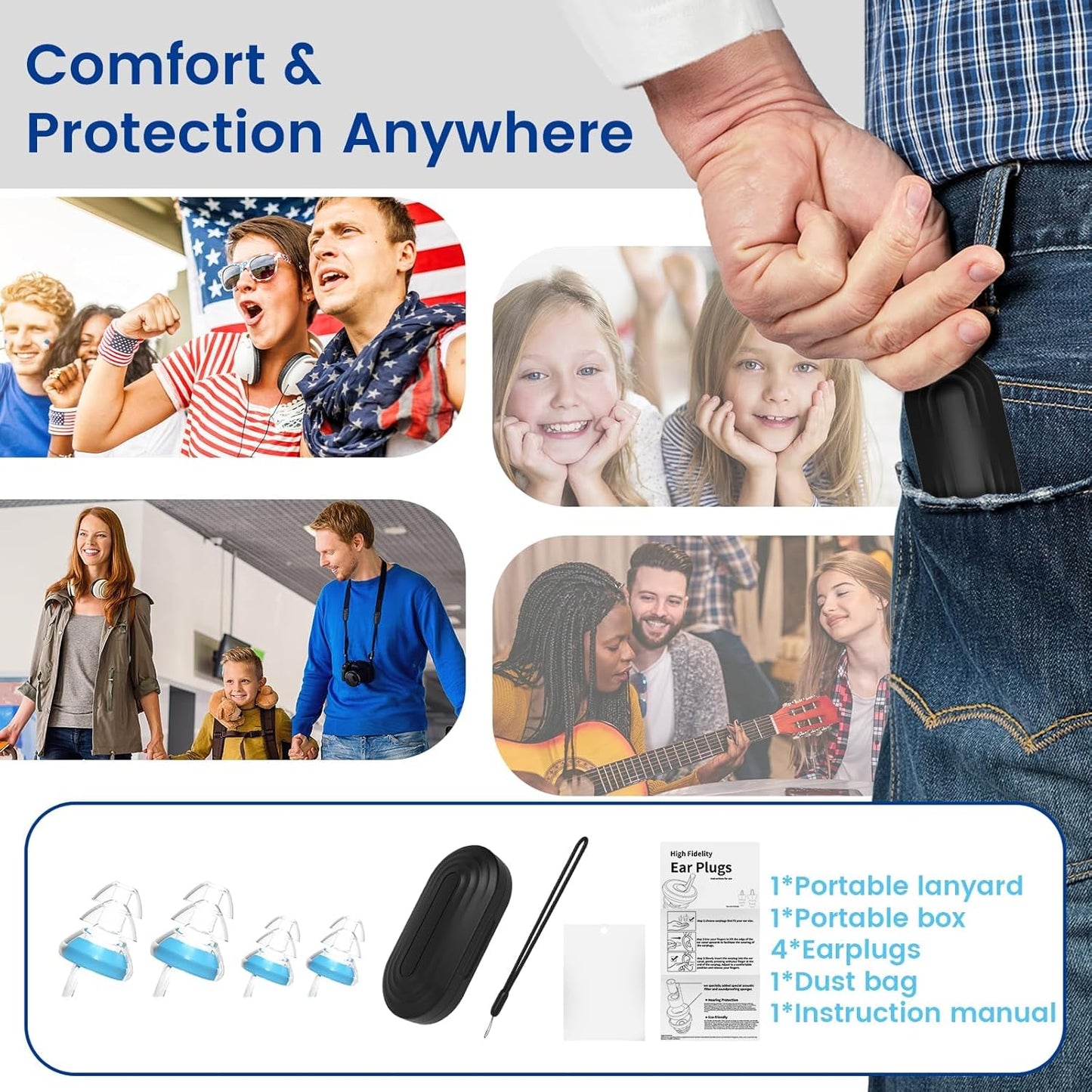 Concert Ear Plugs, 2 Pairs High Fidelity Earplugs with Carrying Case & Lanyard Reusable Soft Silicone Earplugs for Concerts, Raves, Musicians, Live Music-30dB