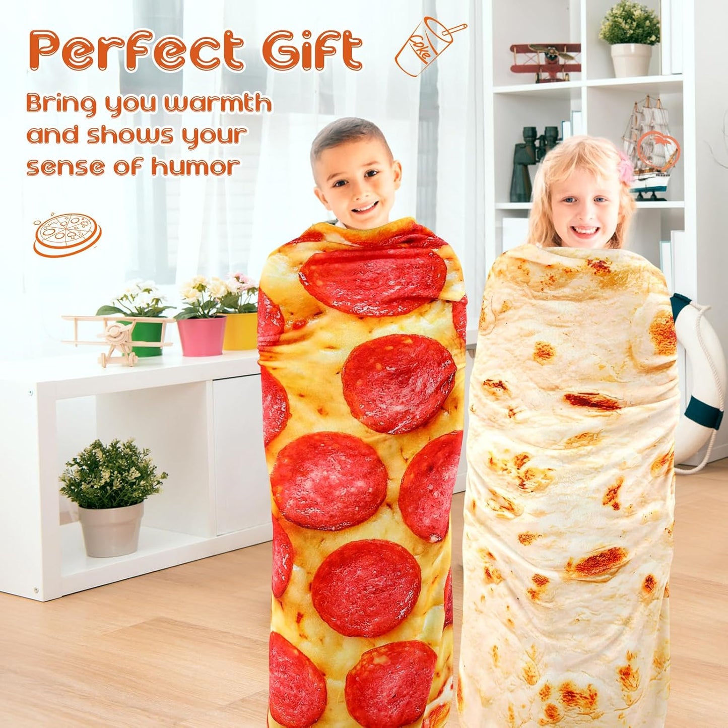 2 Pcs Burritos Pizza Blankets White Elephant Funny Gifts 1 Tortilla Blanket 1 Pizza Throw Blanket 230 GSM Realistic Novelty Flannel Round Sausage Blankets for Adult(71 Inches)