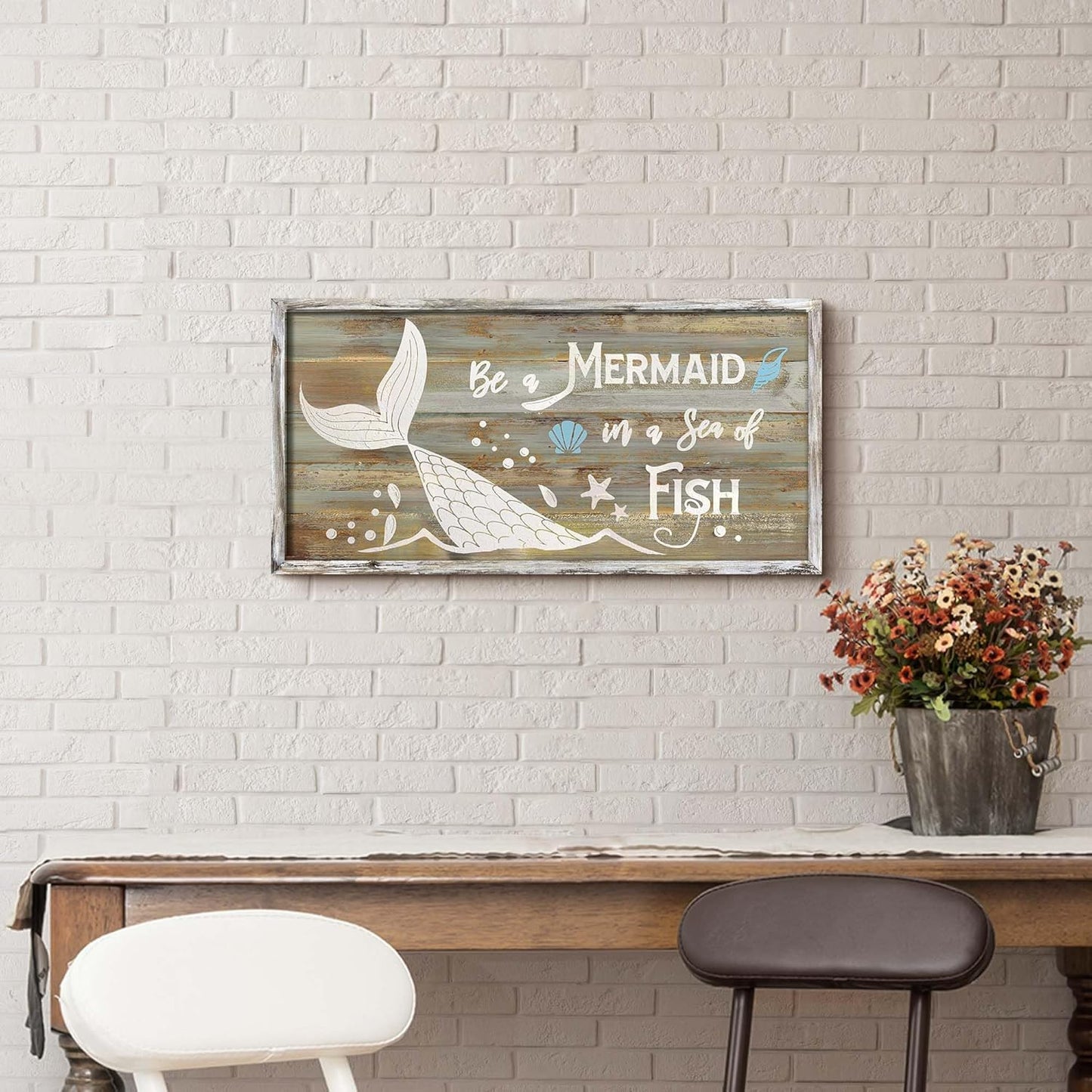 Mermaid Tail Wooden Wall Art: Rustic Framed Coastal Painting Wood Decor Vintage Beach Artwork Seashell Starfish Picture Prints for Bathroom Bedroom