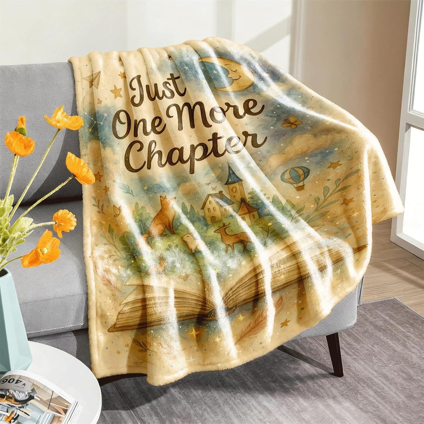 Book Blanket for Readers, 60x50 Flannel Fleece Reading Throw – Chapter-Themed Watercolor, Moon and Stars, Woodland Animals – Cozy Gift for Book Lovers, Couch Sofa Bed