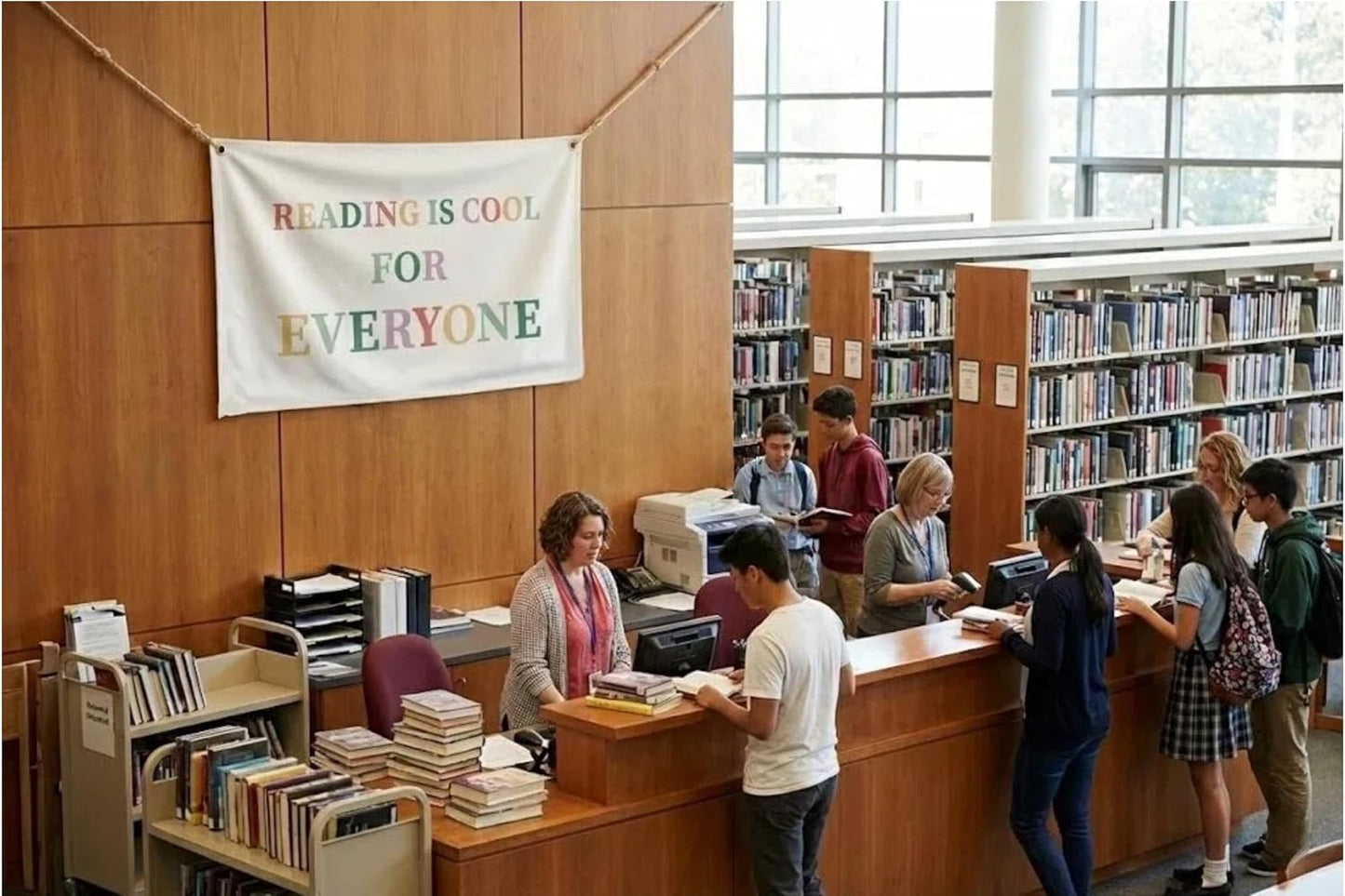 Canvas Wall Hanging Banner Decor (30"L x 20"W), "READING IS COOL FOR EVERYONE" Inspirational Fabric Sign, Boho Minimalist Wall Art with Metal Grommets for Library, Classroom, Studio & Home Office