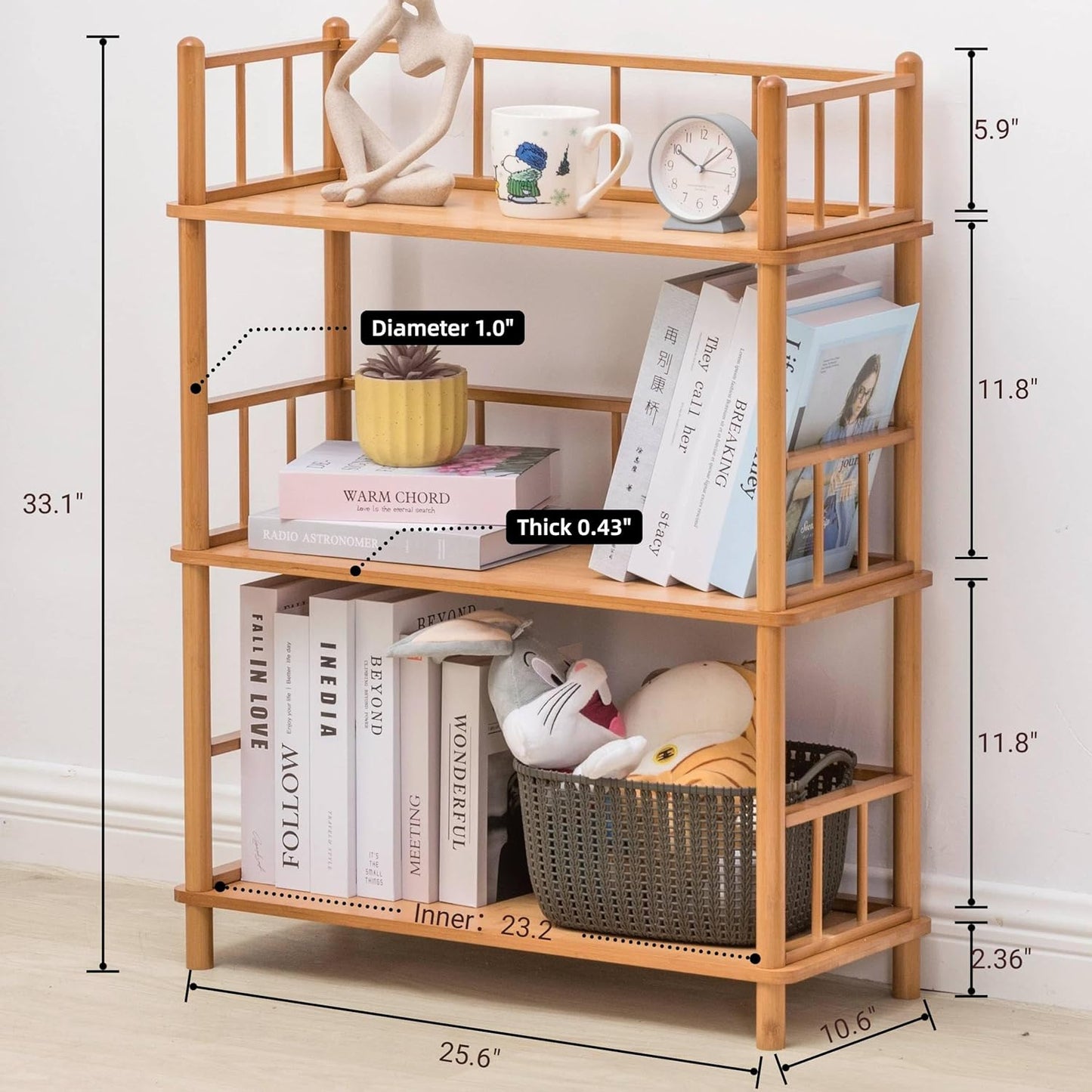 GOGOGO 3-Tier Expandable Bamboo Open Bookcase - No-Tools Assembly & Modular,Modern Display Bookshelf with Top Edge and Solid Wood Frame for Home and Office, Storage Cabinet