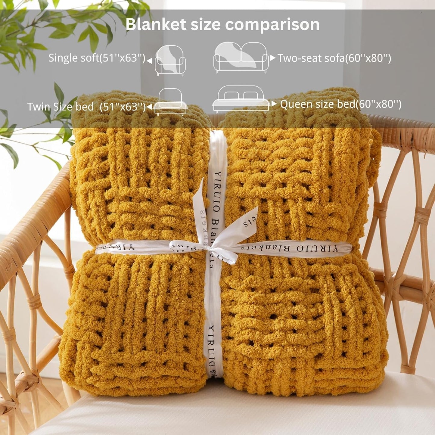 YIRUIO Handmade Chunky Knit Throw Blanket Cable with Checkered Pattern 60x80 Oversized Throw Larger Yarn Ultra Soft Cozy Warm for Home Décor Couch Sofa Bed (Turmeric, Twin XL)