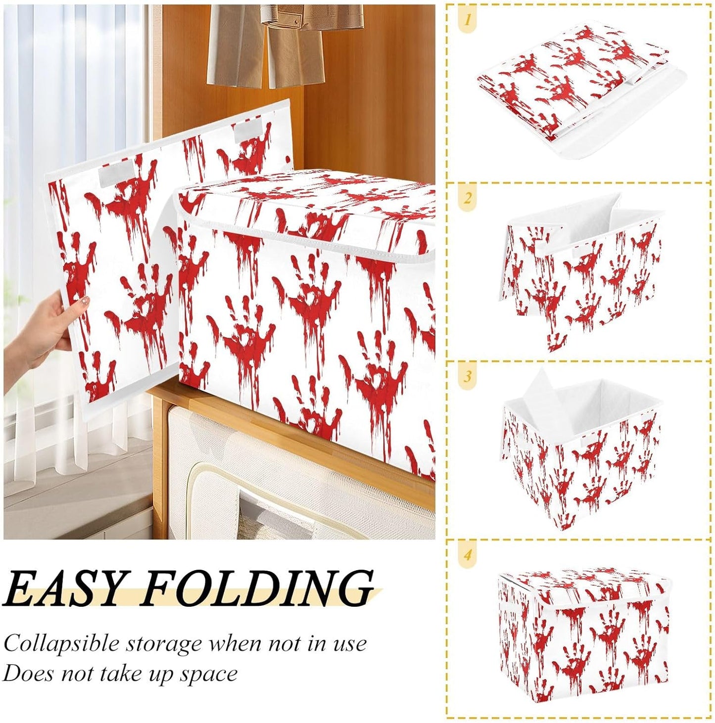 Bolaz Storage Bins with Lids and Handles, Bloody Scary Hands Storage Box Storage Basket with Cover Collapsible Organizer Containers for Home Closet, Shelves