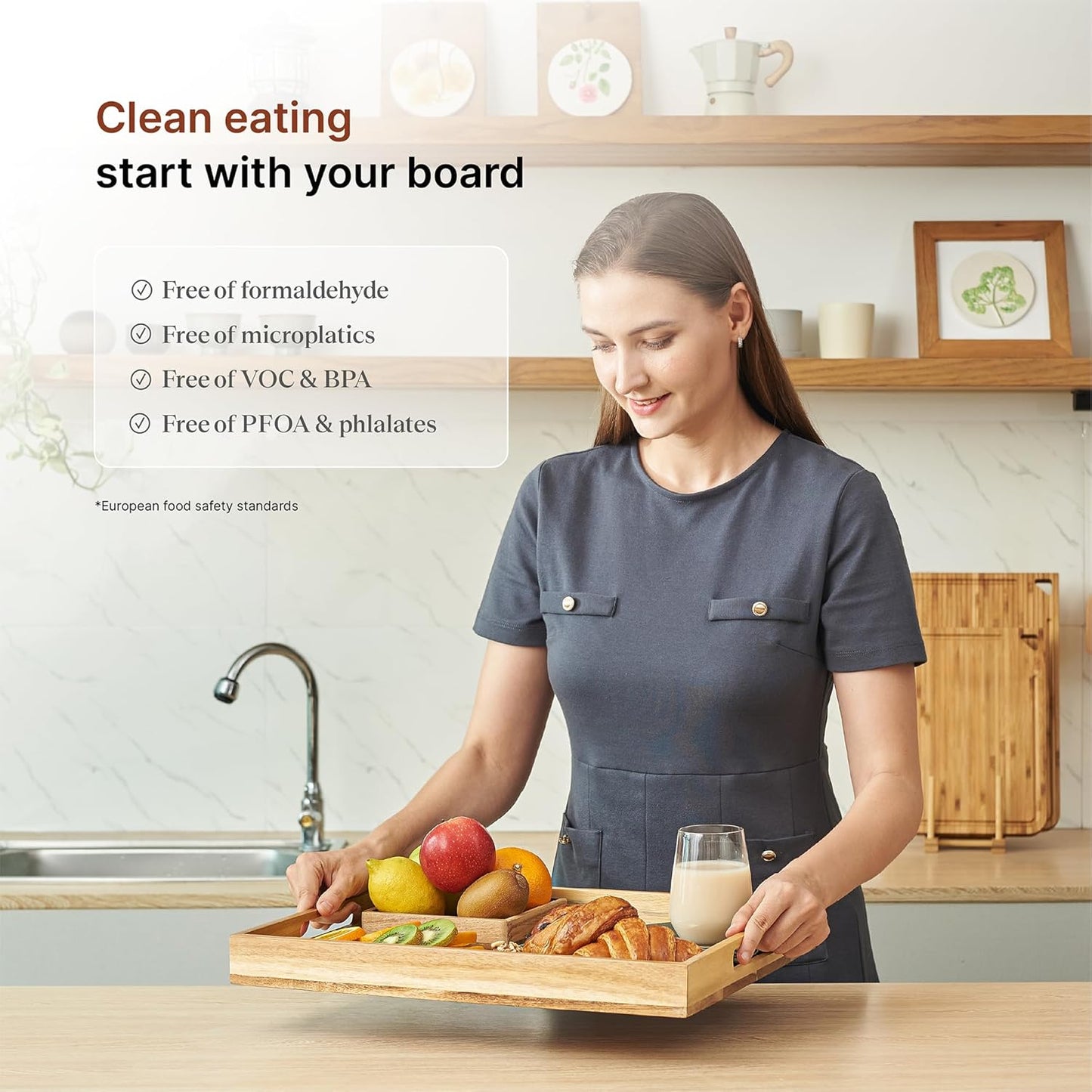 Koppen Acacia Wood Serving Tray with Handles, 17" x 13", Large Wooden Platter for Breakfast, Ottoman Tray for Party, Snacks, Fruit, Coffee Table, Living Room, Sofa, Bed, Outdoor, Natural Color