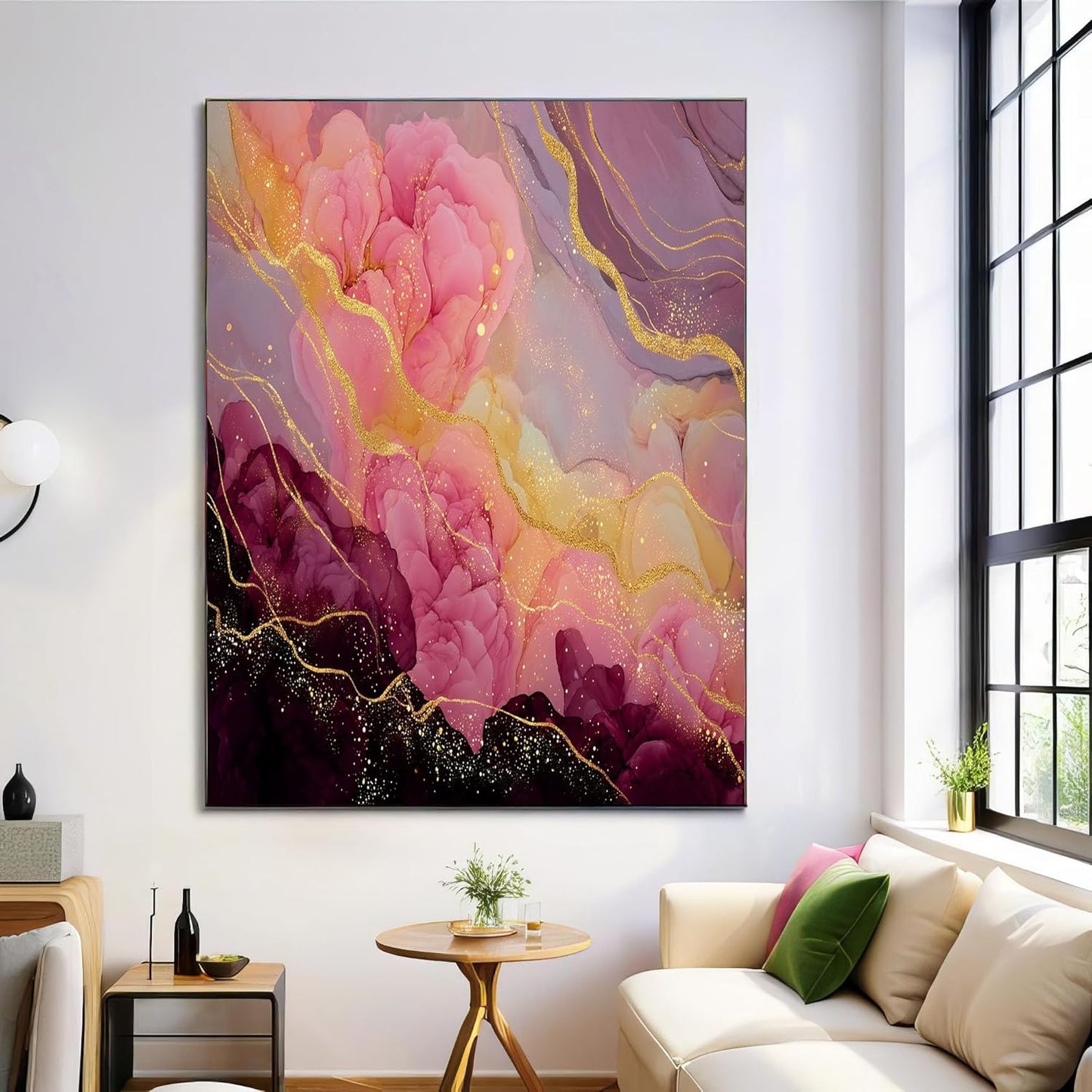 GDJSMIN Abstract Pink Marble Aesthetic Wall Art, Gold Foil Stripe Design Poster for Reading Room Living Room Decor 12x 16 inch Unframed