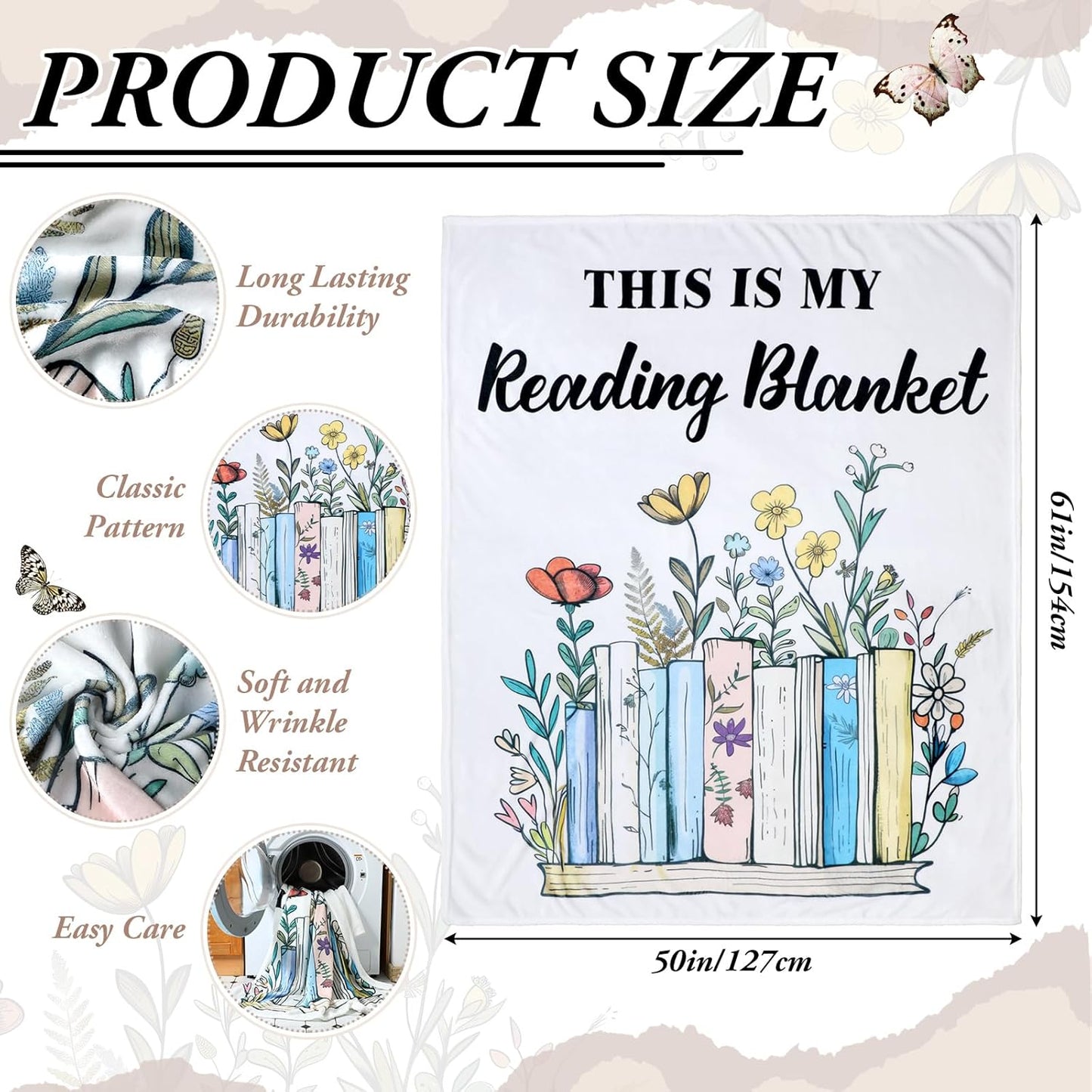 Buryeah Book Lover Gift Blanket for Reading Lovers 50'' x 60'' Book Flower Blanket Reading Gifts for Reader Teacher Friends Back to School Home Decor for Sofa Couch Bed