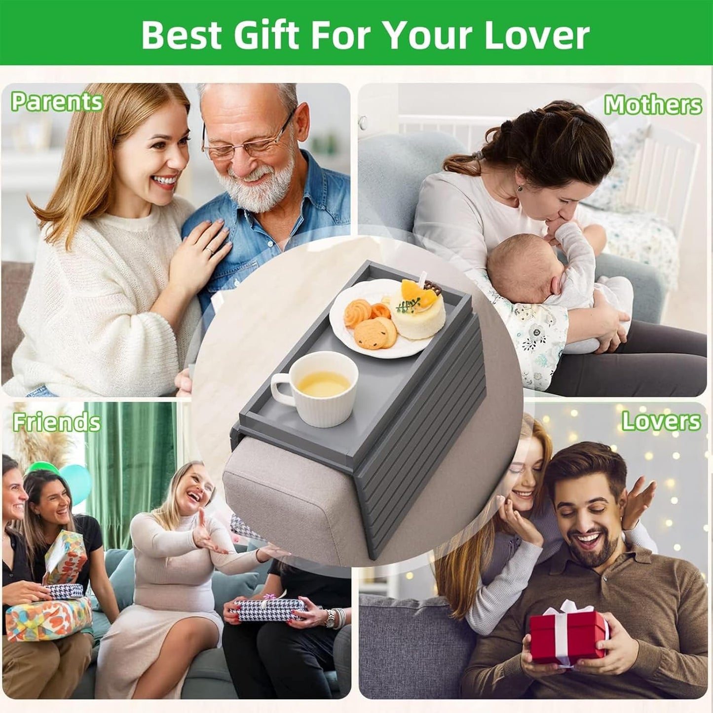 LESSF Couch Armrest Table, Bamboo Couch Arm Tray Sofa Arm Trays with Cup Mats, Anti-Slip Arm Chair Table Trays Sofa Side Table Sofas Arms Tables for Remote Control, Drinks, Phone, Cups (Grey)