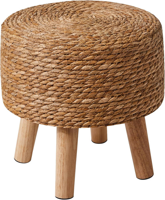 YMYNY Foot Stool Natural Seagrass Hand Weave, 12.6" Small Ottoman, Round Footrest for Living Room, Bedroom, Entryway, Change Shoes Stool, Non-Skid Wood Legs, Boho, Natural, UHBD027N
