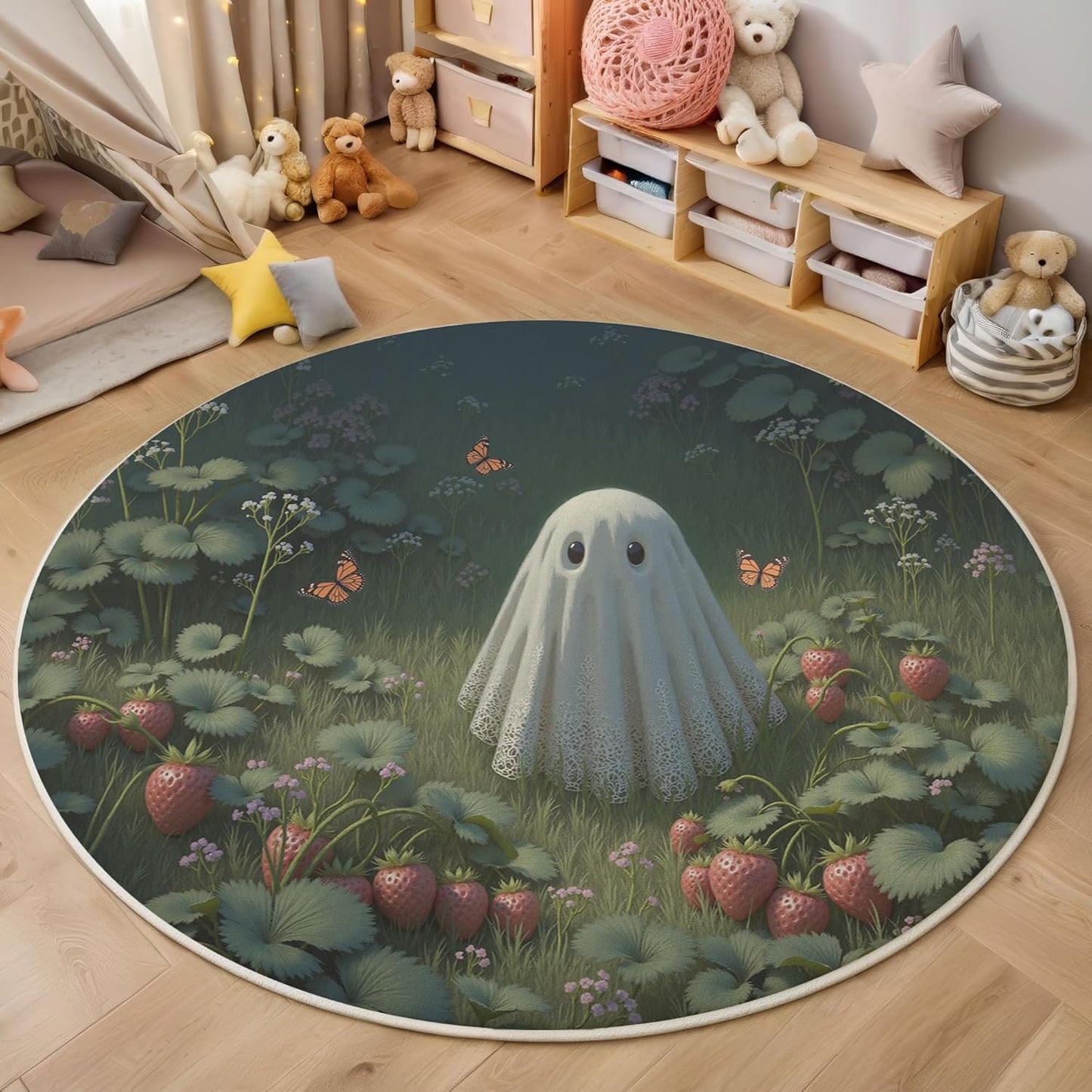 Washable Cute Ghost Strawberry Field Area Rug, 3Ft Round Rugs for Living Room Soft Carpet for Bedroom Dreamy Illustration Indoor Stain Resistant Non-Shedding Floor Carpet, Forest Green, 3Ft-Round