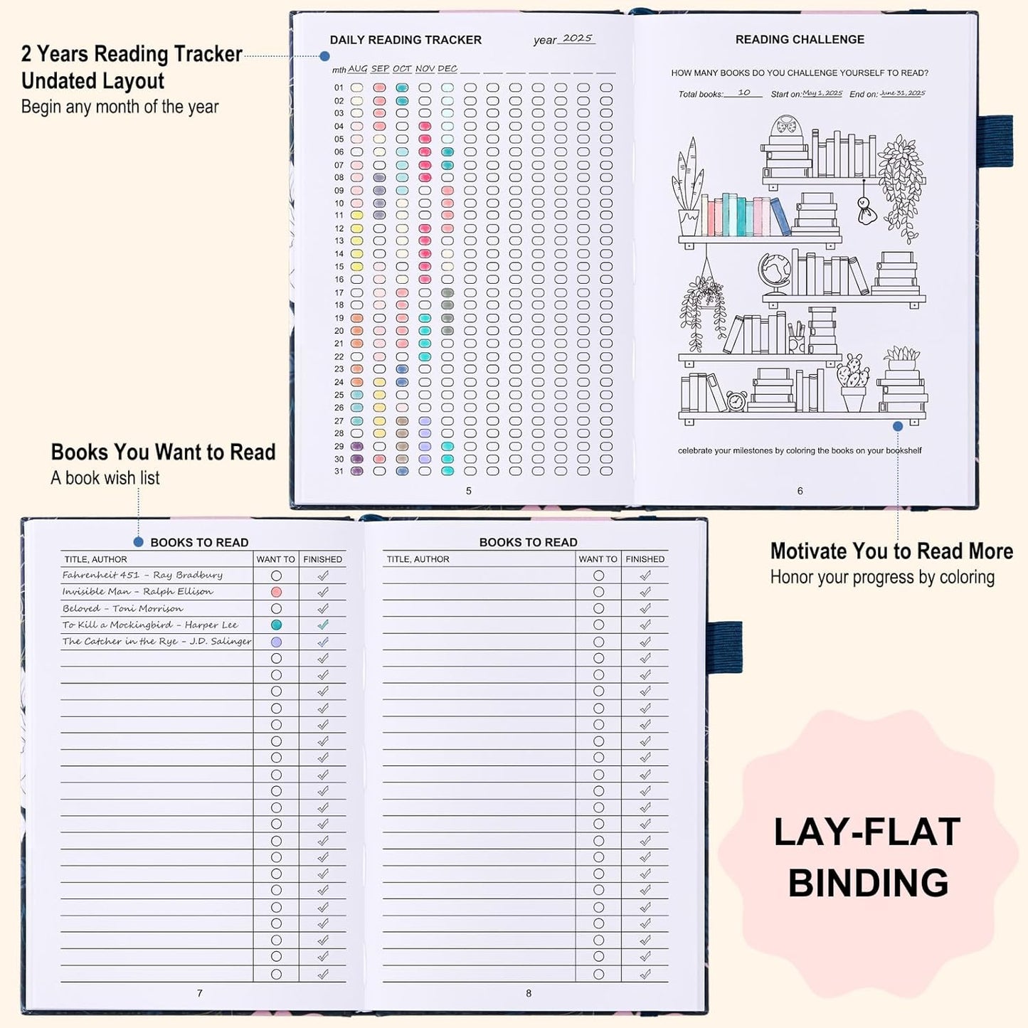 Reading Journal for Book Lovers - 75 Book Journal Reading Log for Book Tracking, A5 Linen Book Review Journal with TBR Tracker List, Ratings, Challenges, Prompts, and Index - Peony
