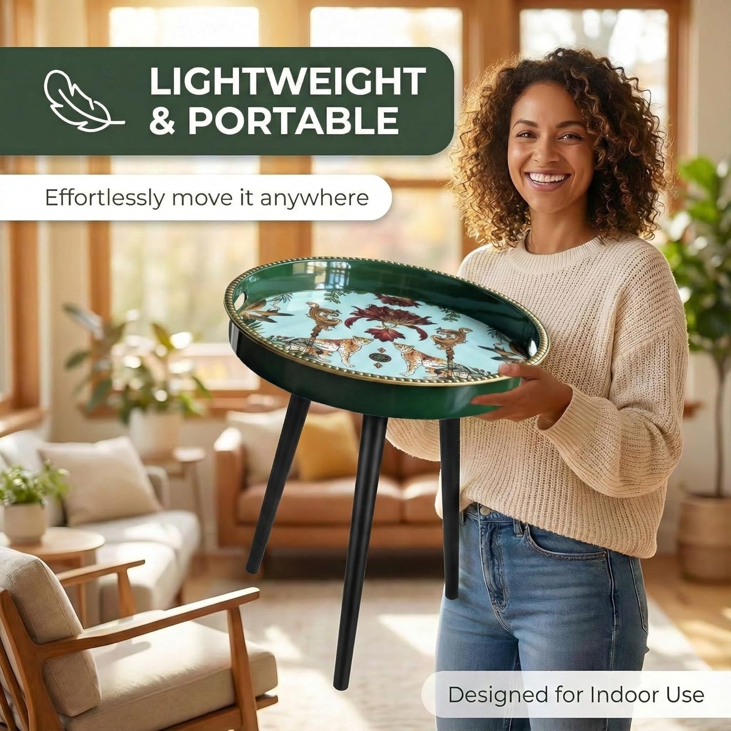 Zosenley Small Round Side Table - 13 Inch Emerald Green Boho End Table with Vintage Cheetah Pattern Tray - Unique Tropical Accent Table with Moisture-Resistant Wrapped Legs for Living Room & Bedroom