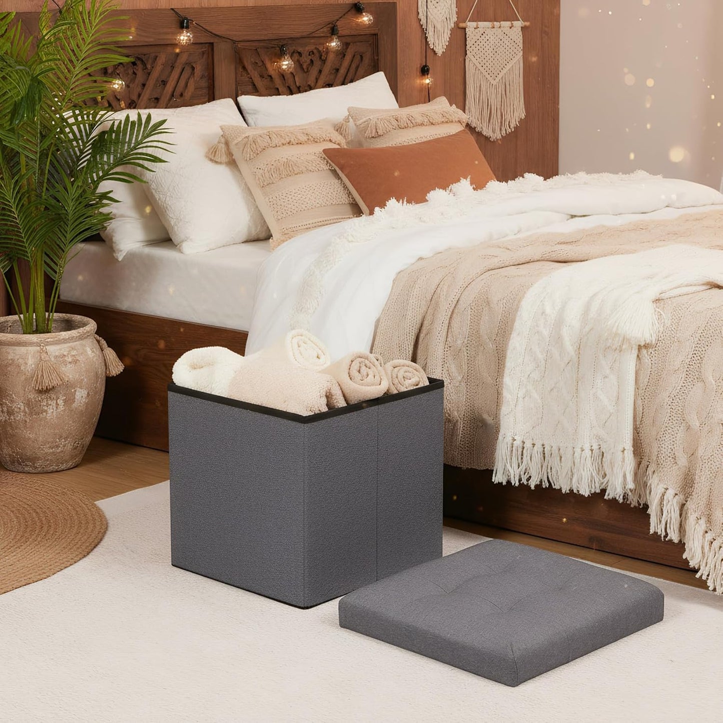 B FSOBEIIALEO Storage Ottoman Cube Foldable Footrest, Chest & Seat for Living Room, Nursery, Bedroom 12.6 Inch Cube (Linen Grey)