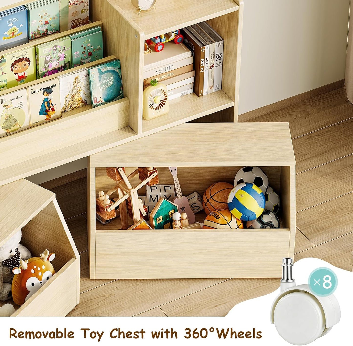 Kids Bookshelf and Toy Storage, 2-Tier Toddler Bookshelf with Storage Cubbies and 2 Movable Drawers on Wheels, Toy Storage Organizer, Montessori Bookcase for Kids Room, Playroom, Nursery
