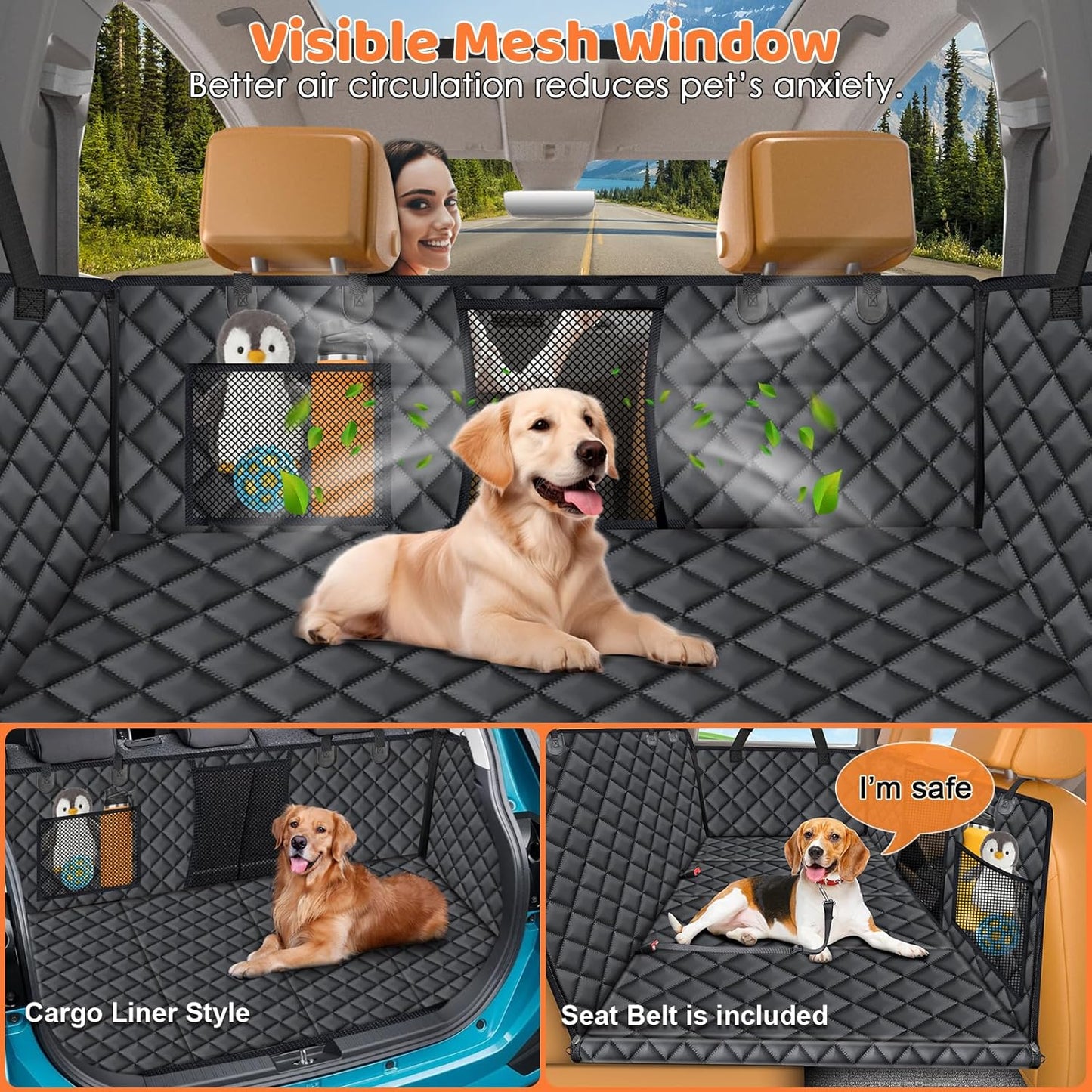 URPOWER Backseat Extender for Dogs - Hard Bottom Dog Car Seat Cover for Back Seat, Dog Hammock for Car and SUV, Pet Rear Seat Protector Dogs Travel Bed with Mesh Window & Side Flaps