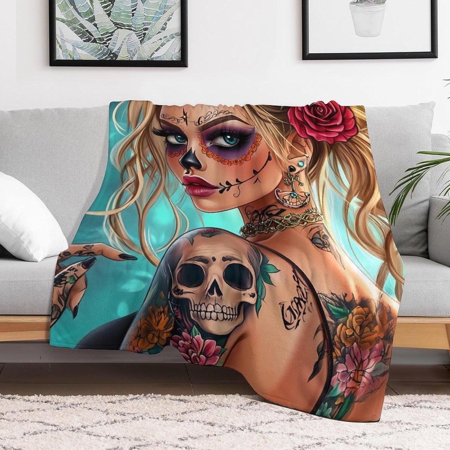 Day of The Dead Skull Throw Blanket for Couch Bed Plush Cozy Fuzzy Flannel Blanket for All Season 40"x60"