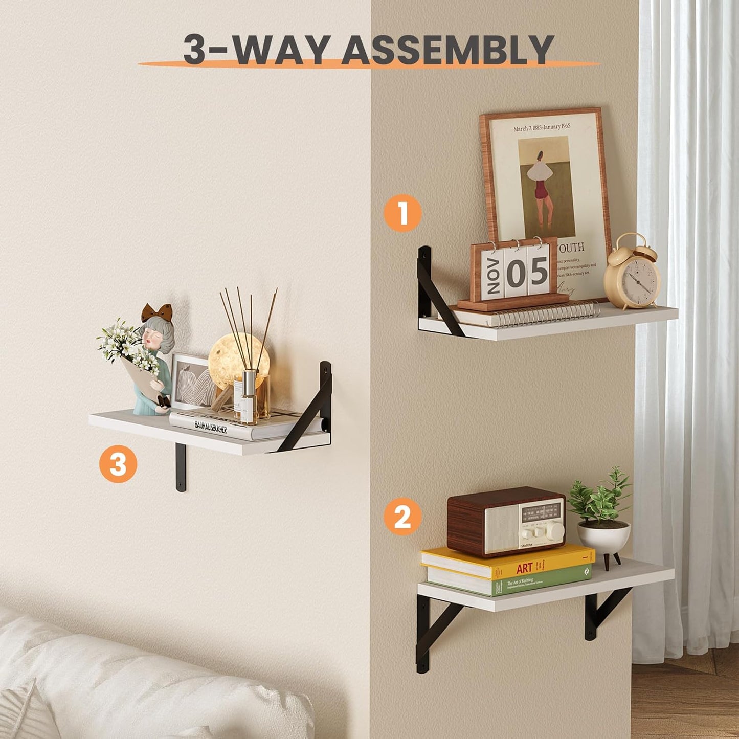 upsimples 15.7 Inches Floating Book Shelves for Wall, Wood Shelves for Living Room, Bathroom, Bedroom, Kitchen Storage and Decoration, White