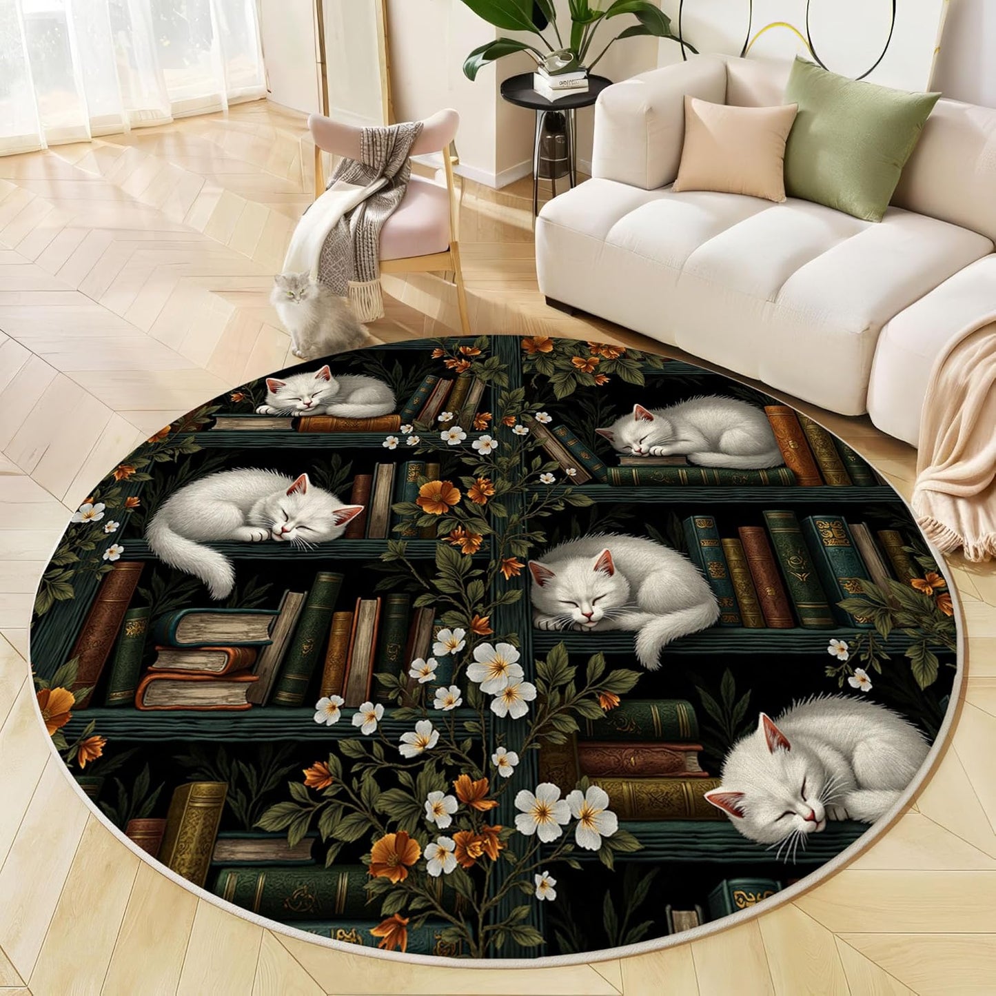 Washable Retro Cat Bookshelf Area Rug, 5.25Ft Round Rugs for Living Room Soft Carpet for Bedroom Fantasy Illustration Indoor Stain Resistant Non-Shedding Floor Carpet, Black, 5.25Ft-Round