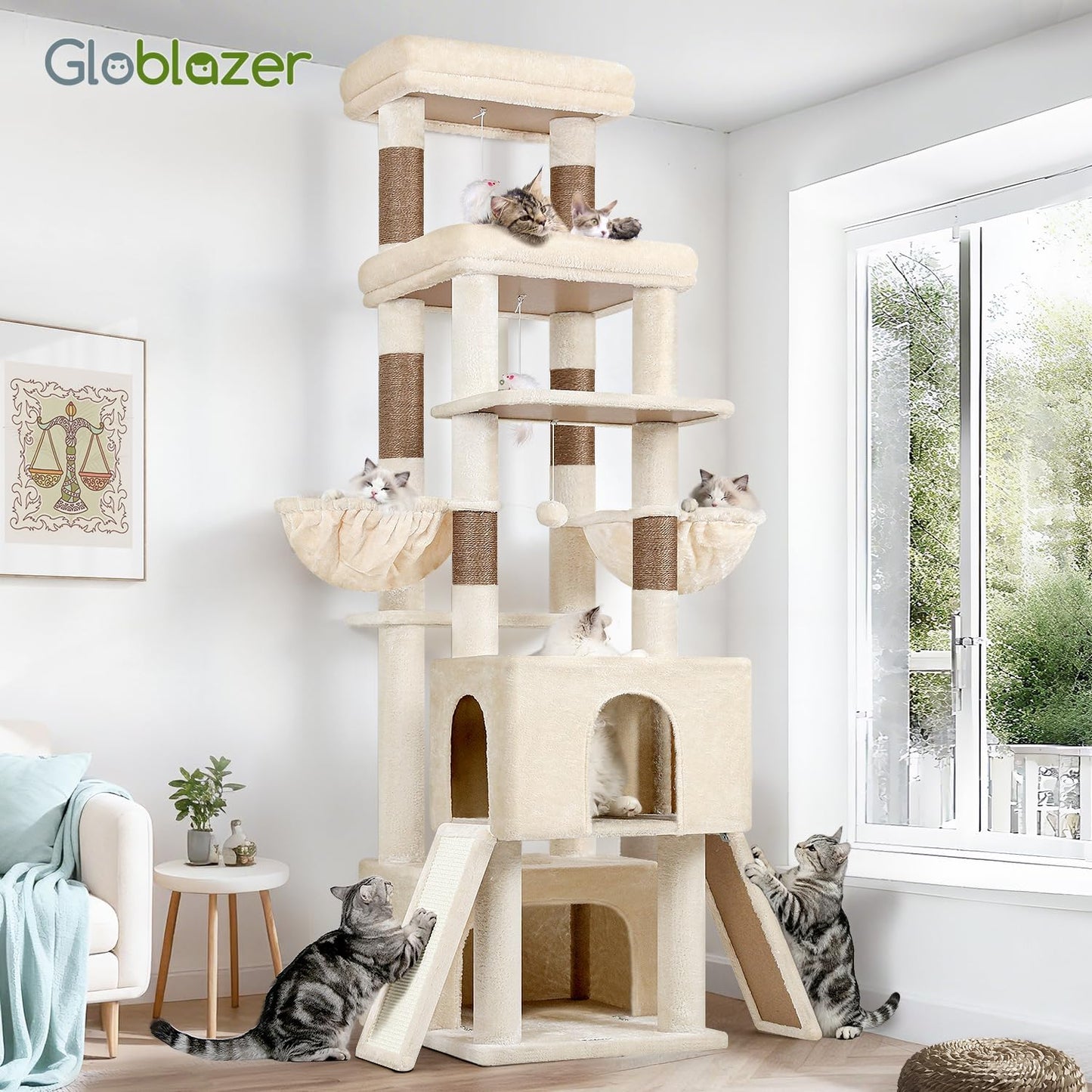 Globlazer Heavy Duty Cat Tree 78 inch Sturdy Cat Tower for 20lbs Large Adult Cats, Symmetrical Aesthetic Big Cat Tree with Extra Large Platform, 2 Scratching Boards, Z78, Beige