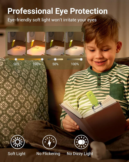 DEWENWILS Book Reading Light, USB Rechargeable Booklight for Reading at Night, LED Clip On Book Lights for Kids, Bookworms, Blue Light Blocking, Amber + Warm White (Green)