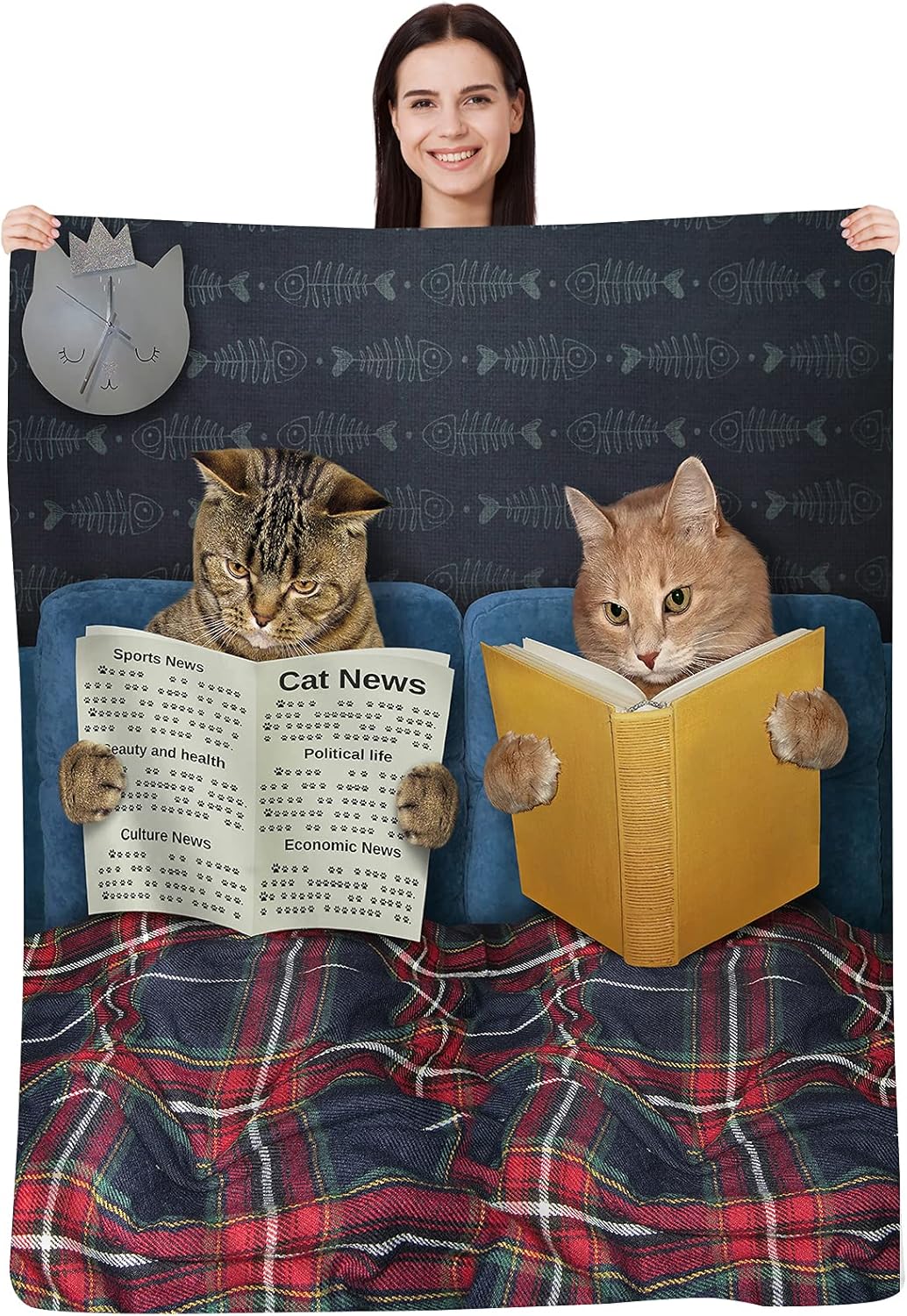 Cute Cat Blanket Two Cats are Reading in Bed Throw Blankets for Kids Teens Adults,Cozy Flannel Super Soft Lightweight Fluffy Sofa Office Fleece Plush Blanket - Funny Animal 50"x40"