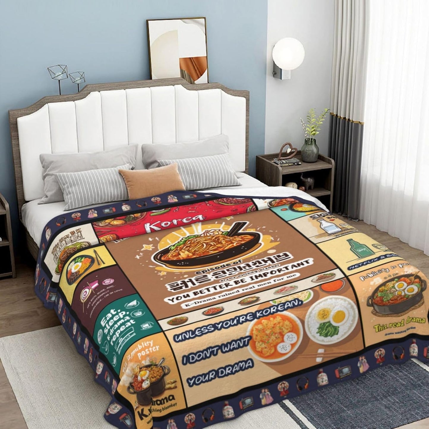 Kdrama Watching Blanket 60x50 Flannel, Korean Food Collage Ramyeon Ramen Bibimbap Tteokbokki, Soft Cozy Tv Throw for Couch Sofa, Kawaii Cartoon Gift for K-Culture Fans