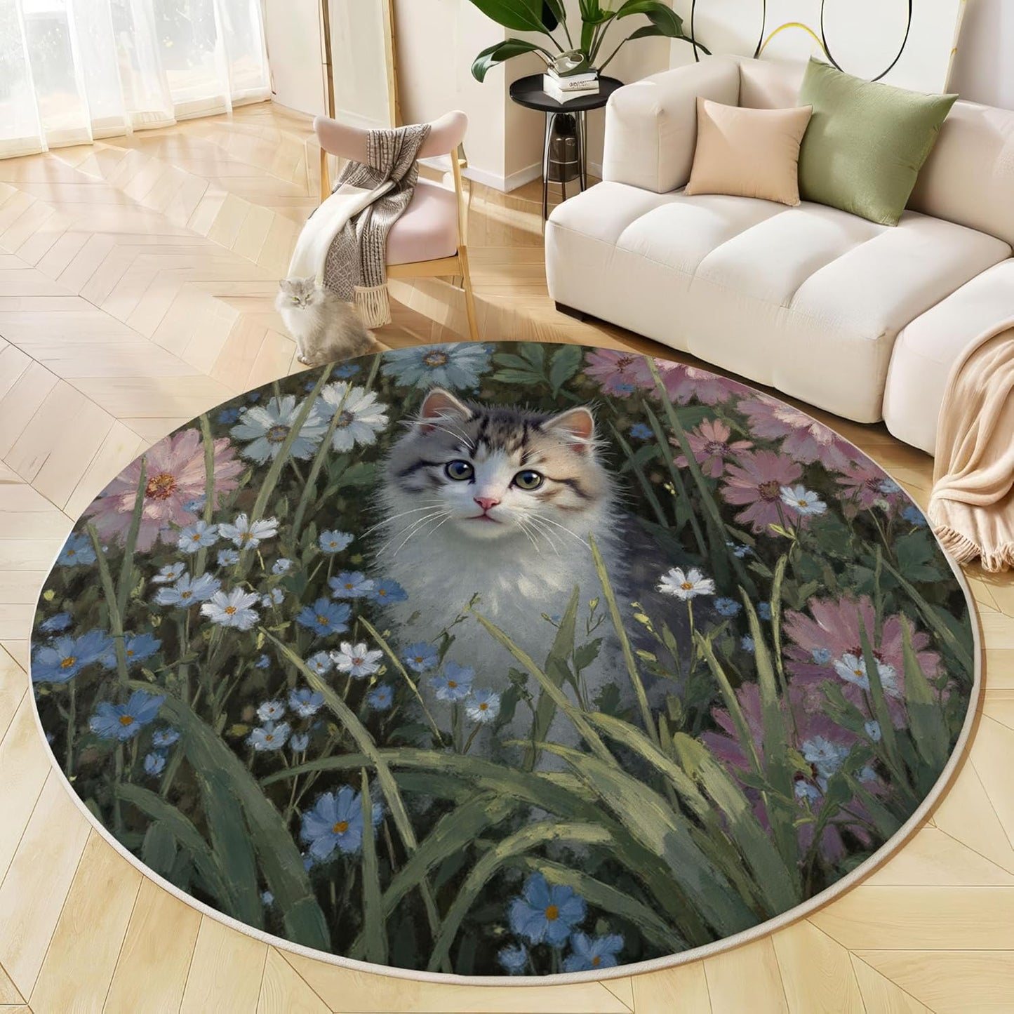 Washable Cats Flowerbeds Oil Paintings Area Rug, 3Ft Round Rugs for Living Room Soft Carpet for Bedroom Rustic Landscape Indoor Stain Resistant Non-Shedding Floor Carpet, Dark Green, 3Ft-Round