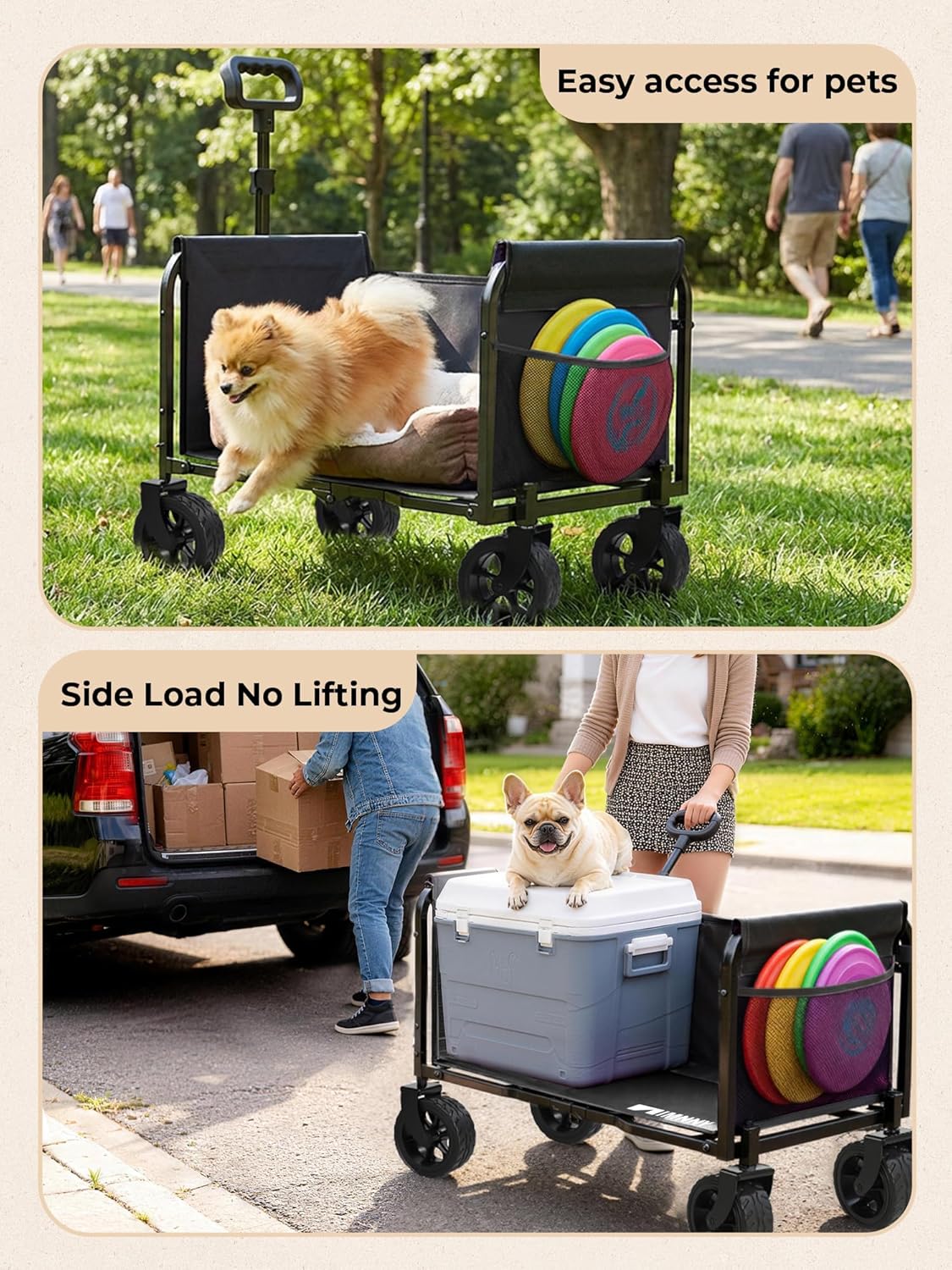 Collapsible Wagon, Folding Utility Cart with Wide Wheels, Lightweight Grocery Shopping Cart for Apartment Living, Gardening, Pet Carrier, Easy Fold & Low-Entry Design (Black)