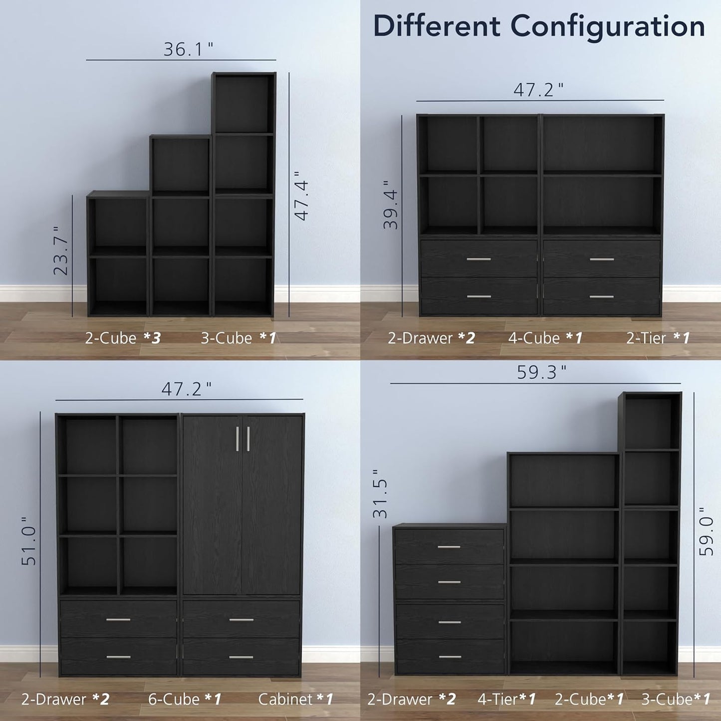 Homes: Inside + Out Apexa 3-Tier Stackable Wood Bookcase with Doors, Cube Storage Organizer Shelves, Small Food Pantry Cabinet, Dorm Teen Room Decor & Bedroom, Home Office, Kitchen, Black