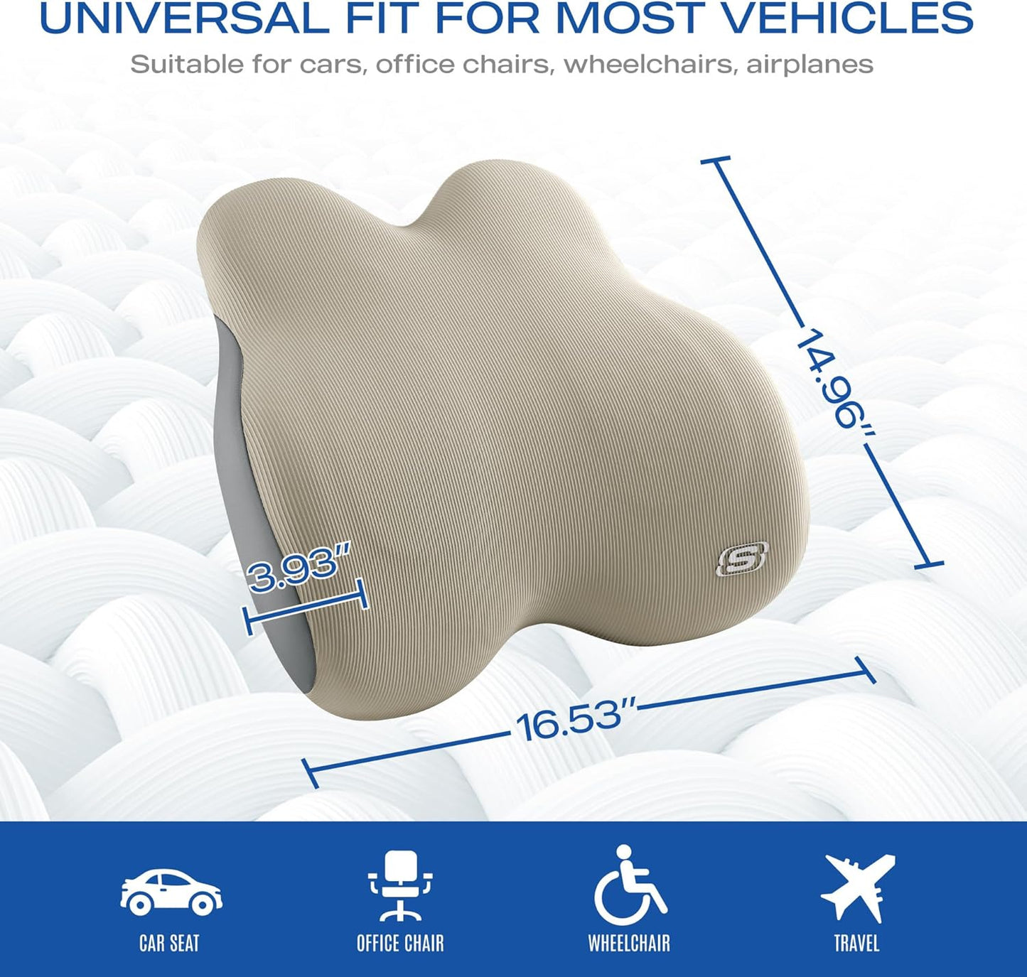 Skechers Memory Foam Lumbar Pillow,Lumbar Support Pillow for Office, Chair Lower Back Pain Relief Lumbar Pillow, Ergonomic Design Back Support Pillow for Office Chair, Car, Home, Travel,Beige