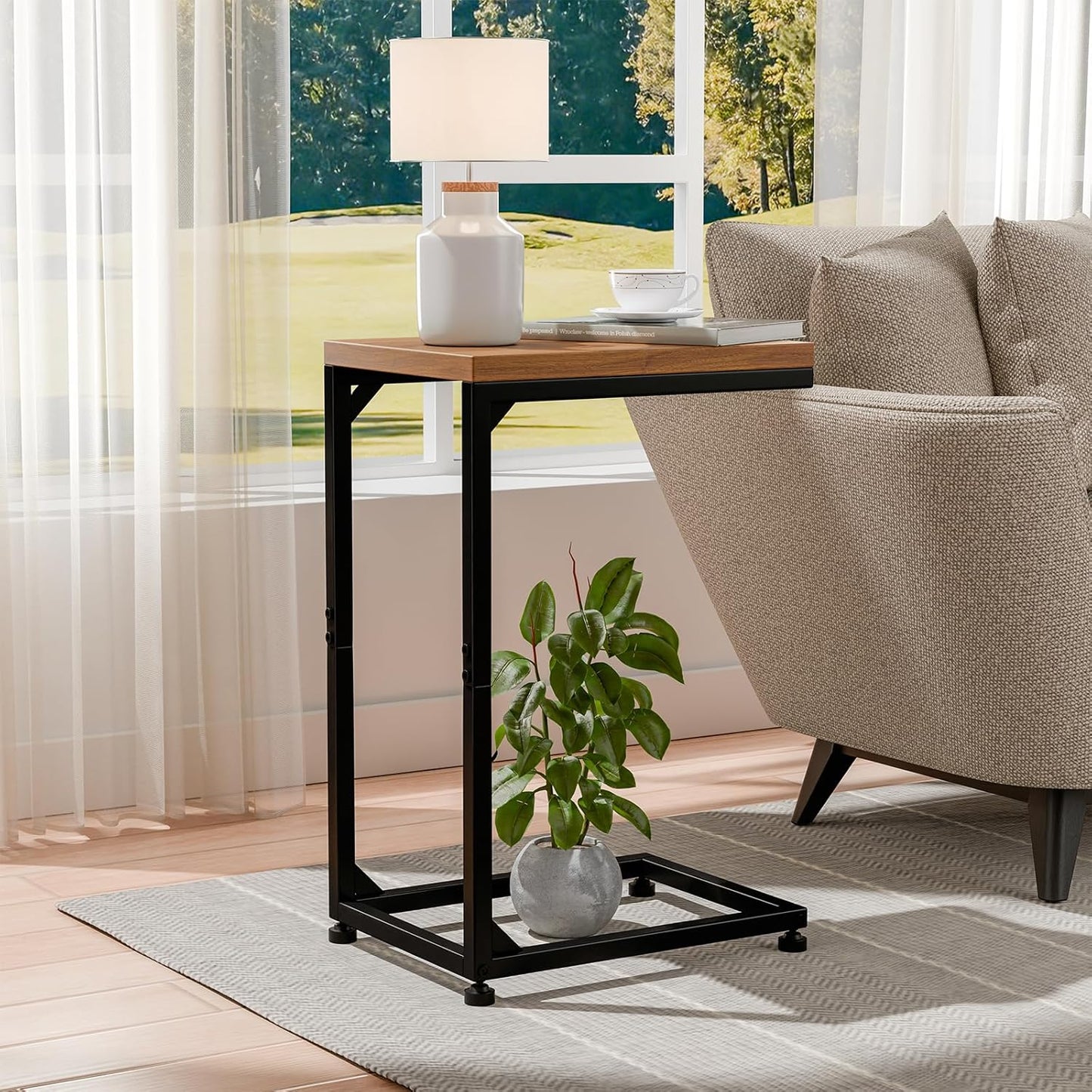 C Shaped End Table, Narrow Side Table for Couch, Small Sofa Table with Metal Frame, TV Tray Table for Living Room Bedroom Small Spaces, Brown
