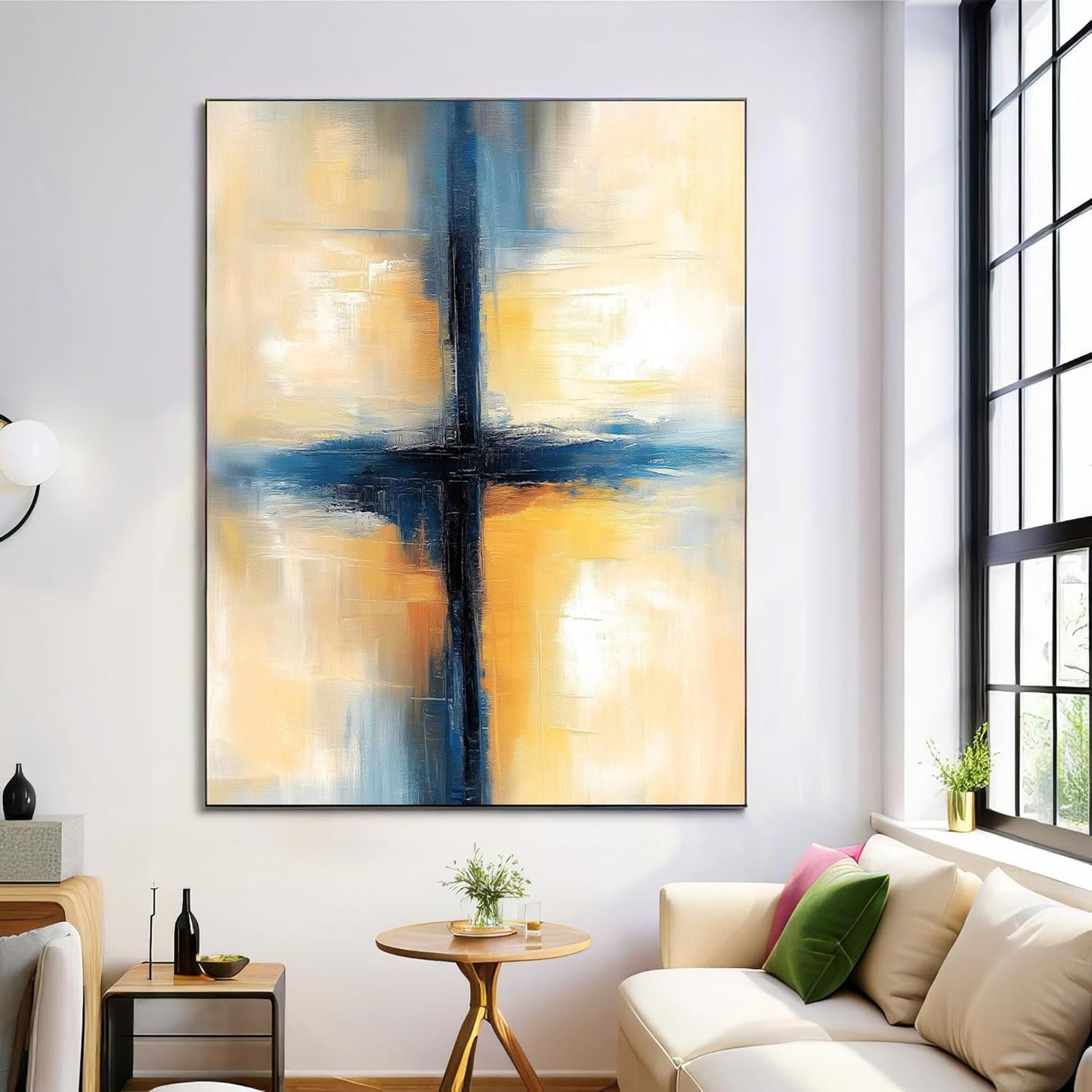 GDJSMIN Modern Abstract Painting Wall Art, Beige Blue Cross Poster For Reading Room Living Room Decor 12X 16 Inch Unframed