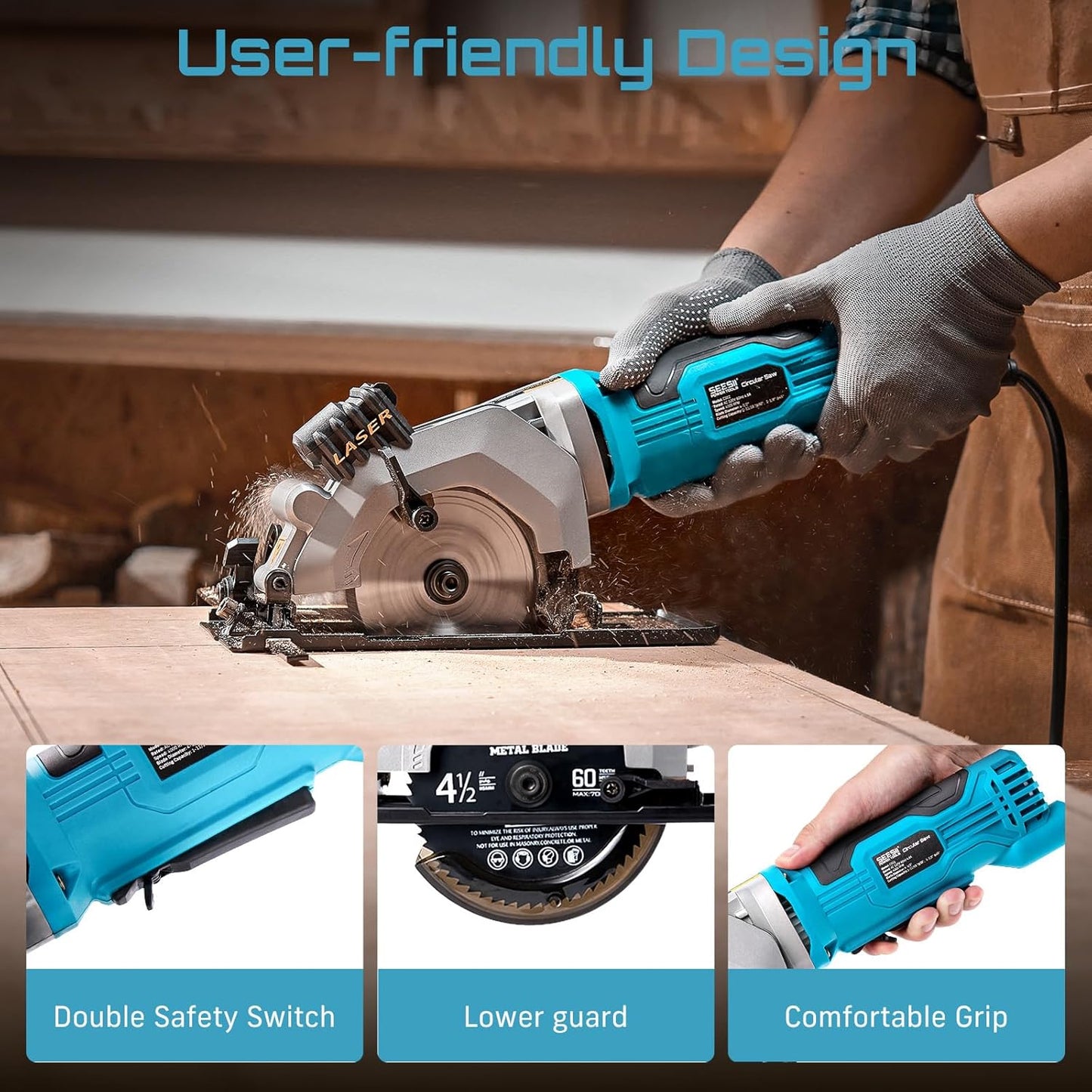 Seesii Mini Circular Saw with Laser Guide,4.8A 4000 RPM Compact Corded Circular Saw with Rip Guide,3 Blades (4-1/2") for Wood,Soft Metal,Tile,Plastic Cutting,Max Cut Depth 1-11/16"(90°),1-1/8" (45°)