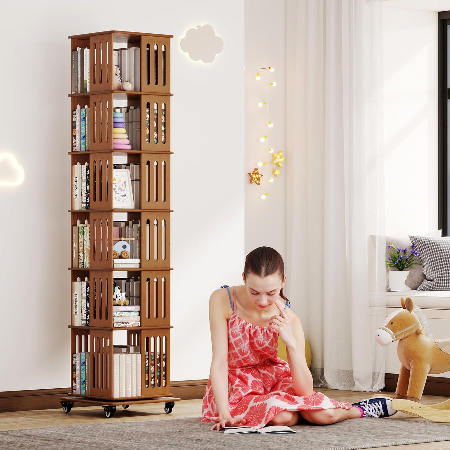Rotating Bookshelf Tower 6 Tier 360° Bamboo Spinning Bookcase Tall Square Revolving Book Shelf Floor Standing Vertical Space-Saving Storage for Kids Rooms Living Room Bedroom Office - Walnut