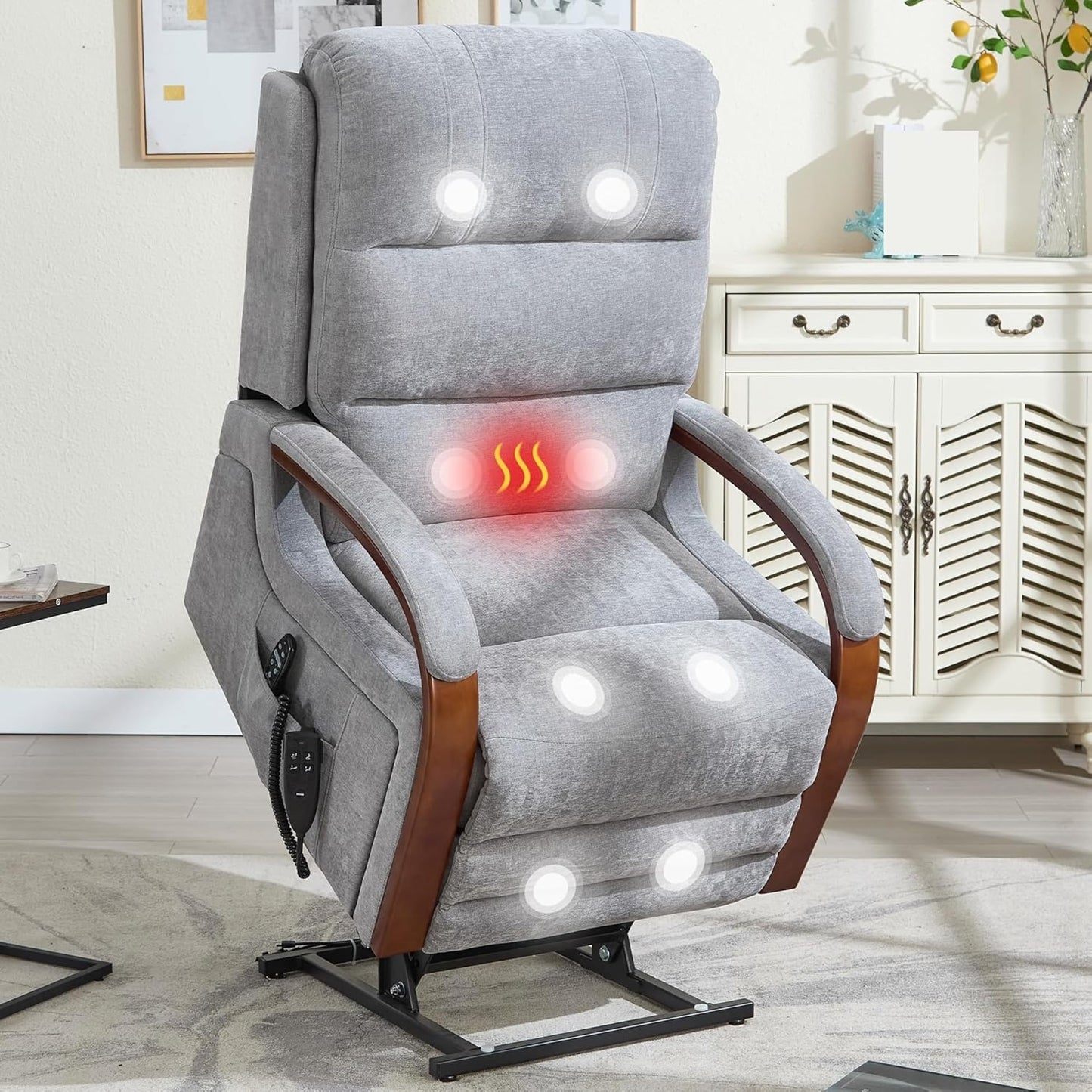 Oversized Power Lift Recliner Chair for Elderly, Dual Motor Electric Lift Chair Full Body Vibration Massage & Lumbar Heat, Solid Wood Armrests, Chenille Fabric Recliner Sofa with Lift Assist
