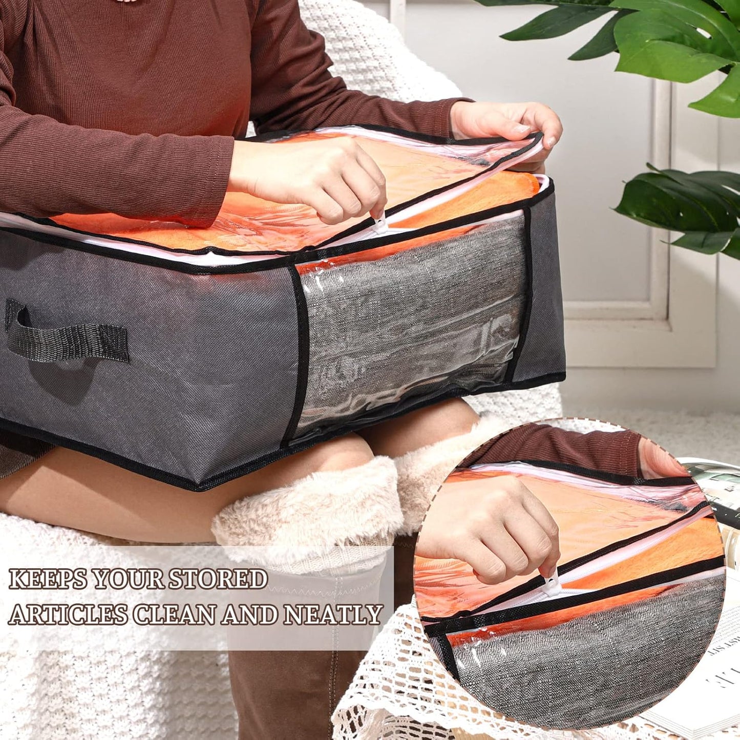 Sadnyy 6 Pcs Clear Storage Bags with Zippers Foldable Clothes Containers Case Plastic Organizer Large Sweater Storage Bins with Handles for Fabric Blanket Cloth Bedding(16 x 12 x 8 Inch,Gray)