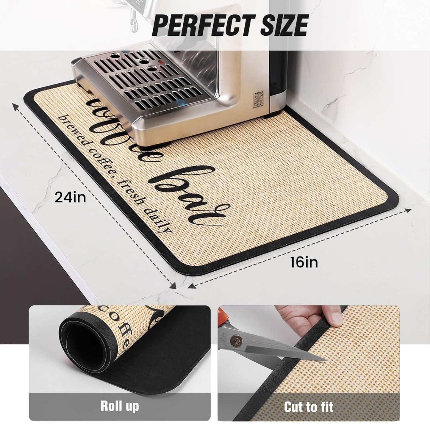DK177 Coffee Mat - Dish Drying Mat for Kitchen Counter, Hide Stain, Absorbent with Waterproof Rubber Backing, Fit Kitchen Dish Rack Bar Accessories (Coffee Bar, 19" x 12")