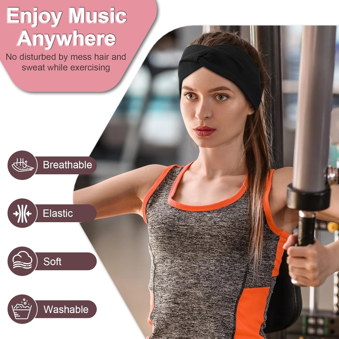 2-Pack Headband Headphones with Thin HD Speakers, Bluetooth Headband for Women, Stylish Knotted Design, Wireless Bluetooth Headphones for Workout, Daily Life, Yoga, Travel, Meditation - Red&Black