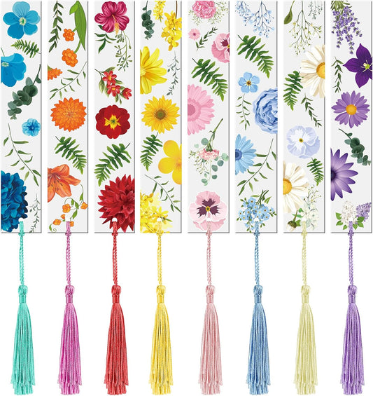 Outus 8 Sets Flower Acrylic Bookmarks for Reading Women Transparent Acrylic Cute Floral Bookmarks with Colorful Tassels Gift for Women Teacher Book Lovers Reading, 8 Styles