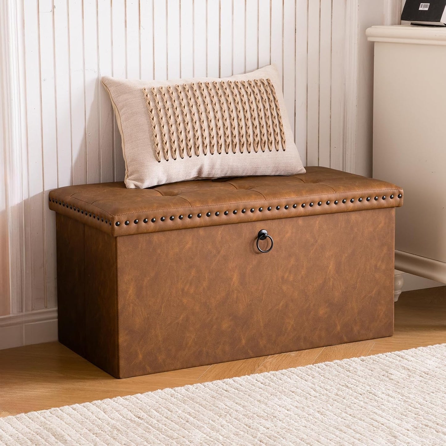 30 Inches Folding Storage Ottoman Bench, Ottoman PU Leather Tuffed End of Bed Bench, Foot Rest with Rivet Design, Ottoman with Storage, Load 330 lb, for Living Room, Bedroom, Entryway, Brown