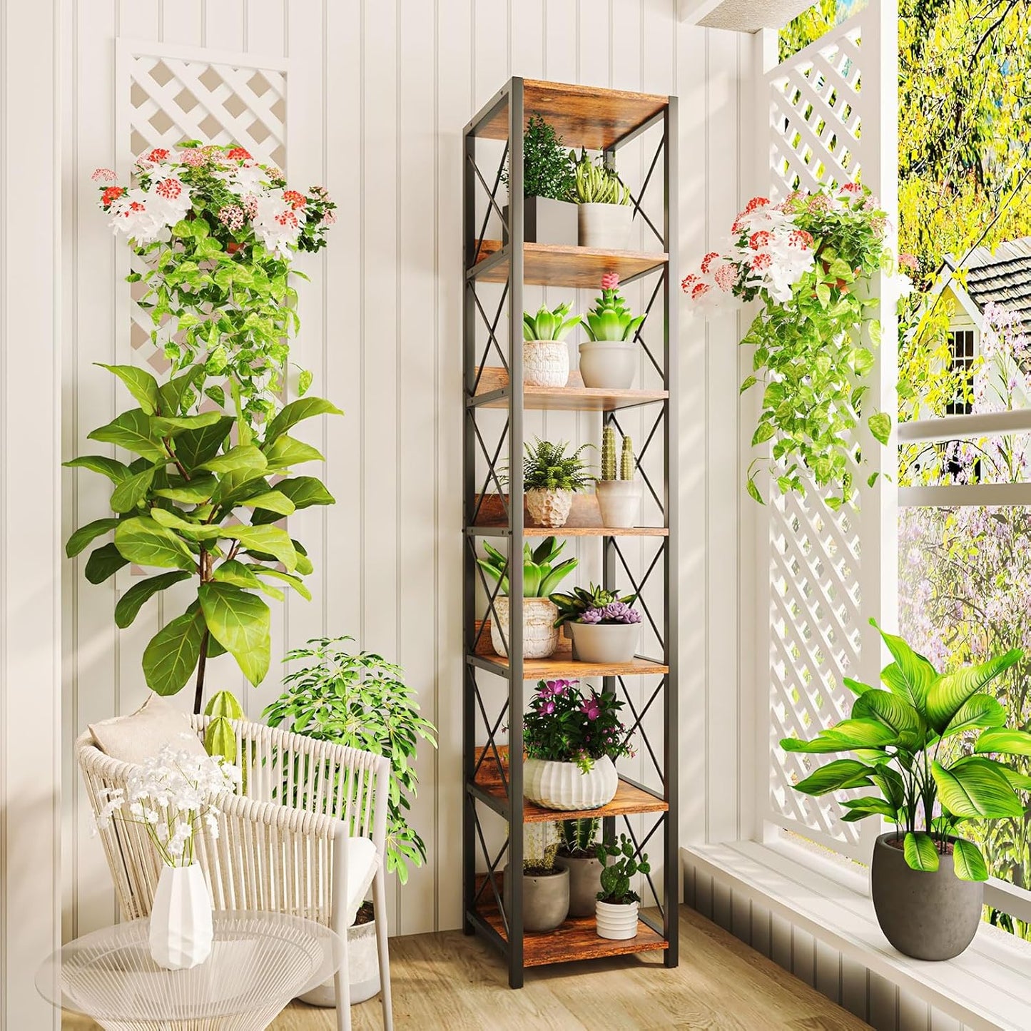 IBUYKE 6-Tier Tall Narrow Bookcase,Wood Corner Shelf Storage Display Rack for Small Spaces,Free Standing Open Bookshelf Square Shelf Tower for Home Office Living Room Bathroom, Rustic Brown UTBC001H