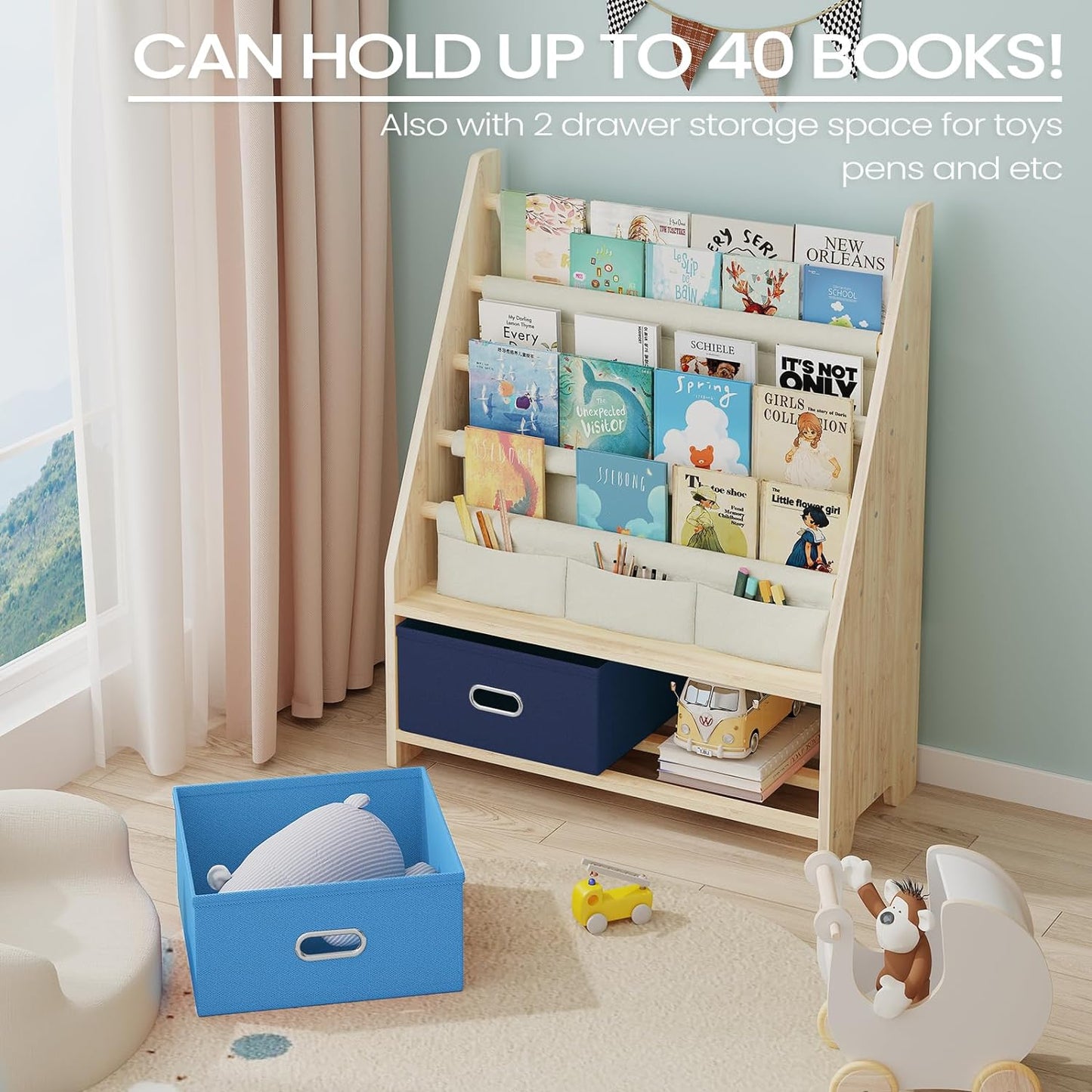 4 Tier Kids Book Shelf, Wooden Kids Book Rack Storage Bookshelf with Toy Storage Organizer, Toddler Sling Bookshelf for Boys, Girls, Kids Room, Blue