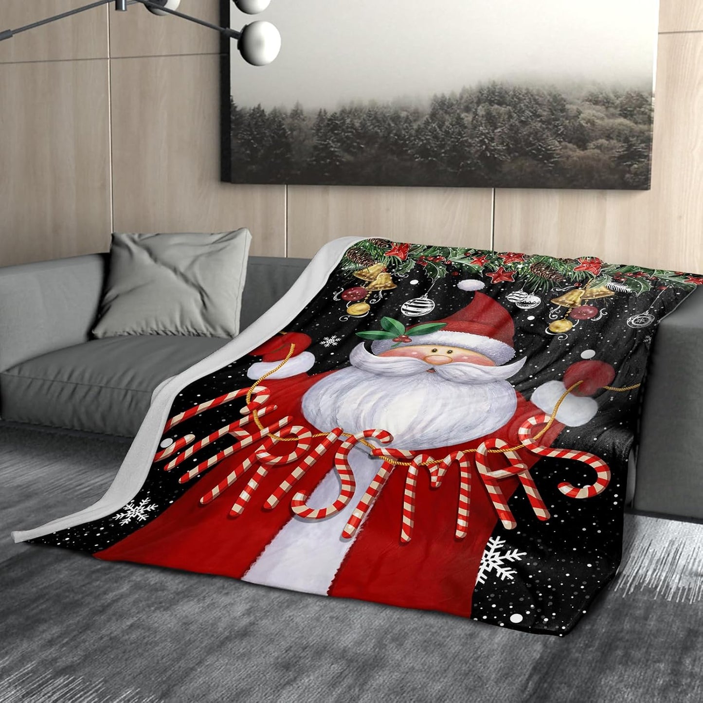 Christmas Flannel Throw Blanket 60x50 Inch – Cozy Snowflake Bell Holiday Themed Red Black Soft Double-Sided Fleece for Couch Sofa Winter Festive Bedroom Living Room Decor