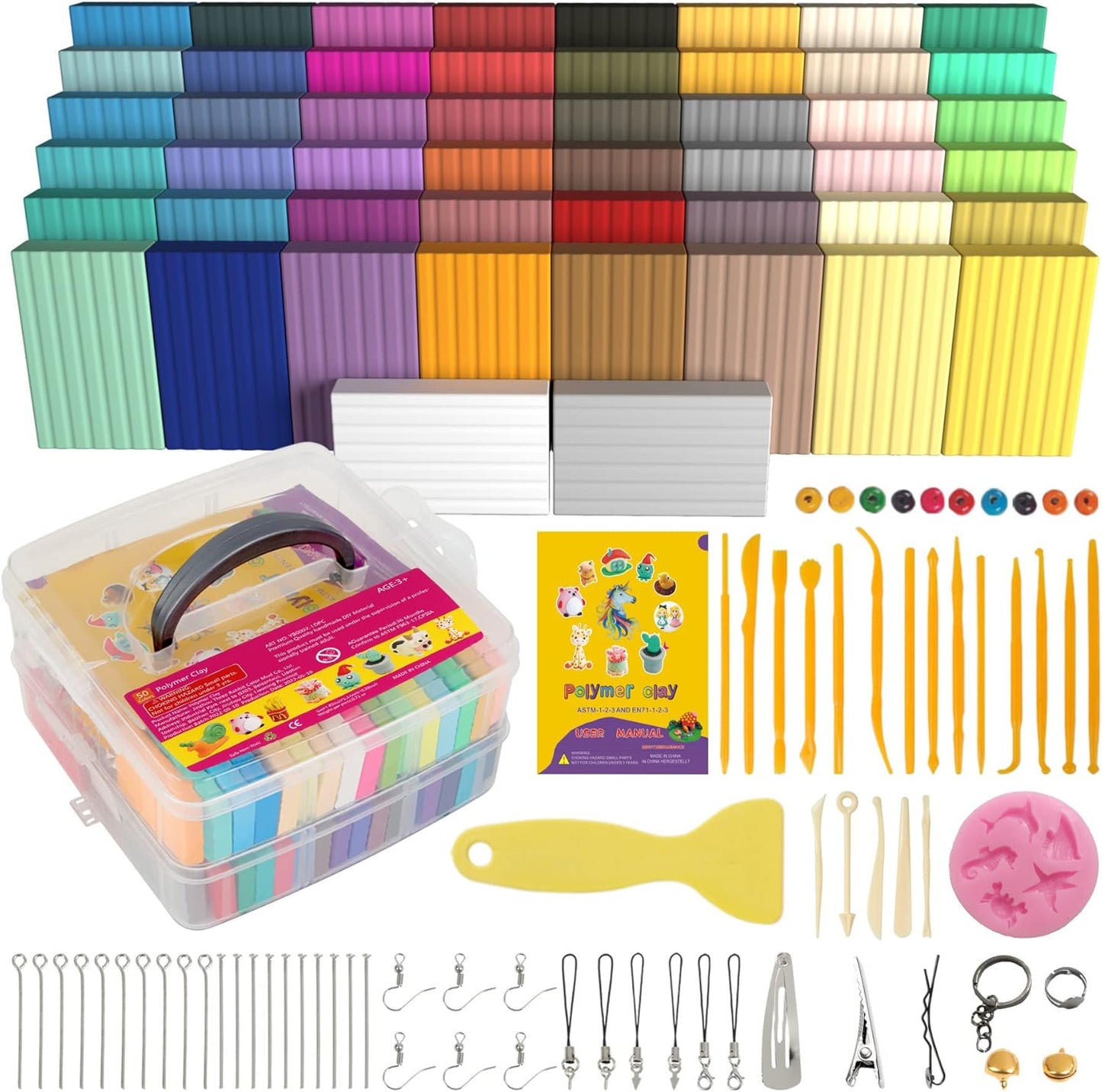 Polymer Clay 50 Colors, Modeling Clay for Kids DIY Starter Kits, Oven Baked Model Clay, Non-Sticky Molding Clay with Sculpting Tools, Gift for Children and Artists (50 Colors)