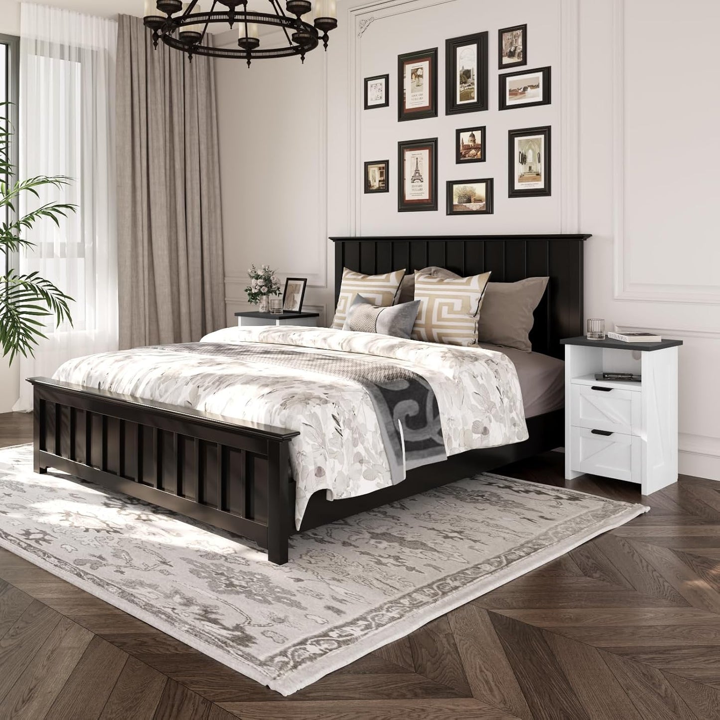 Farmhouse Nightstand, Rustic White Bedside Table with 2 Drawers and Storage Shelf, End Table for Bedroom, Living Room, Small Spaces, Set of 1