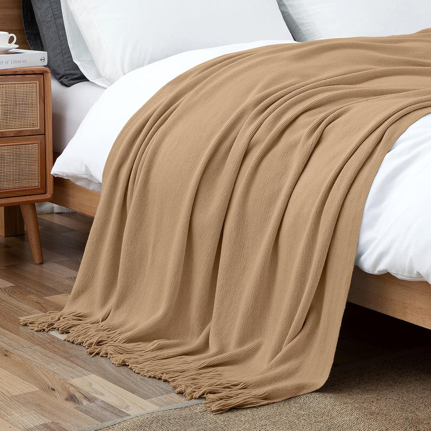 Vonty Light Brown Knitted Blanket with Tassels Fringe 60" x 80", Super Soft Knit Throw Blanket, Farmhouse Decorative Lightweight Blanket for Couch, Sofa, Bed