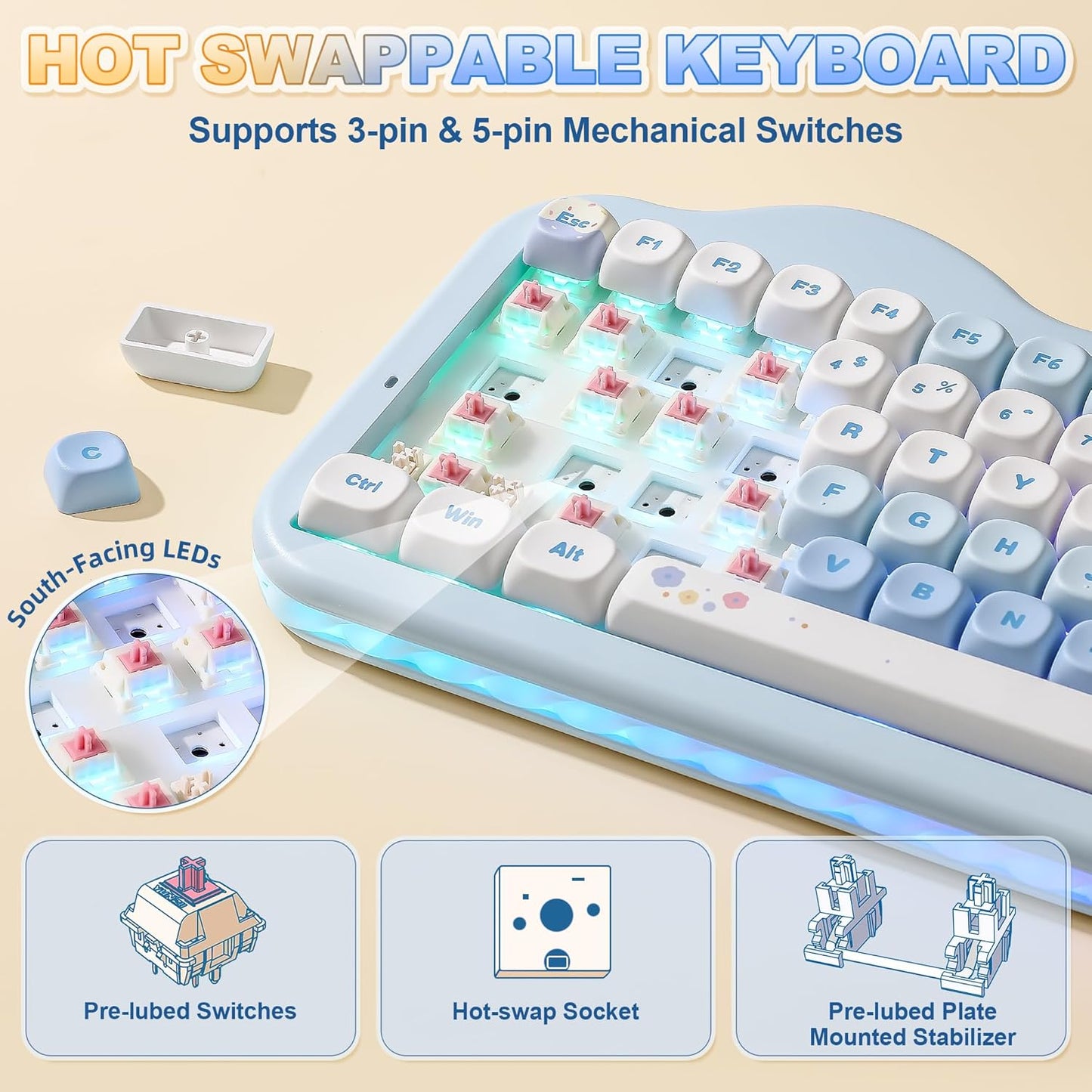 YUNZII C75 Wireless Mechanical Keyboard,75% Layout, Hot-Swappable NKRO,BT5.0/2.4G/USB-C Mode,Dye-Sub PBT MOA Keycaps,RGB Gasket Mount,Cute Cake Design for Mac/Win/Gaming (Blue, Candy Switch)