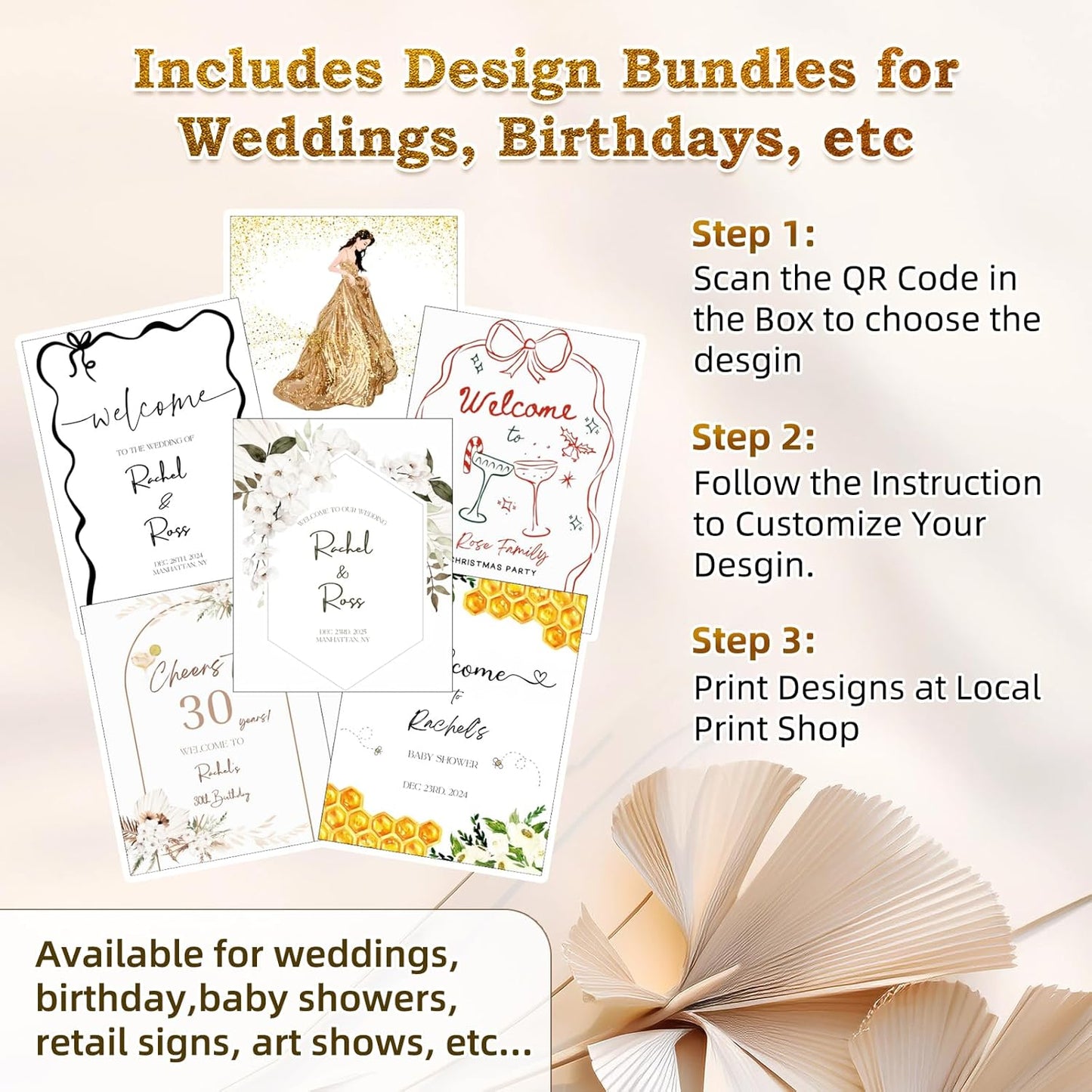 57"– 42" Height Adjustable Gold Easel Stand for Signs, Lockable at Any Height – 4 Hooks, 3 Display Modes, Easel with Design Templates – Ideal for Wedding Welcome Sign, Parties, Art & Retail Display